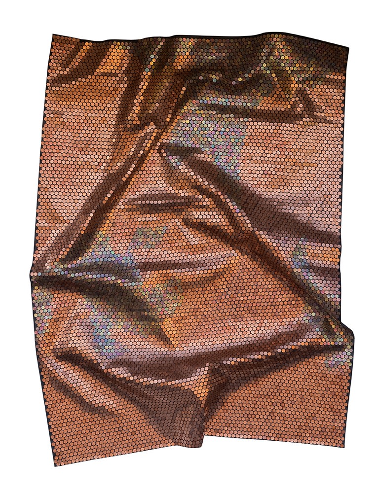 Yaw Owusu, Then and Now 'II', 2017, Treated copper coins on canvas, 81 x 60 in