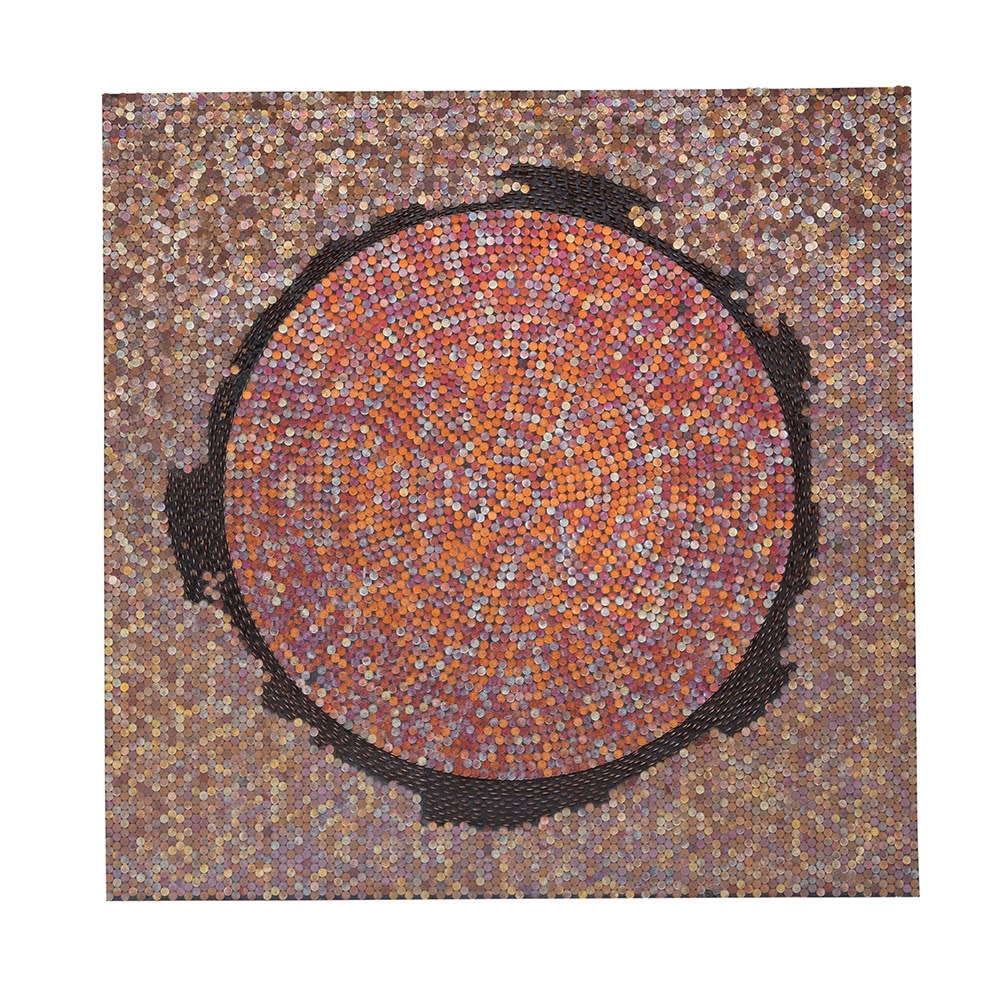 Yaw Owusu, Trail of Change, 2017, Treated copper coins on wood, 60 x 60 in