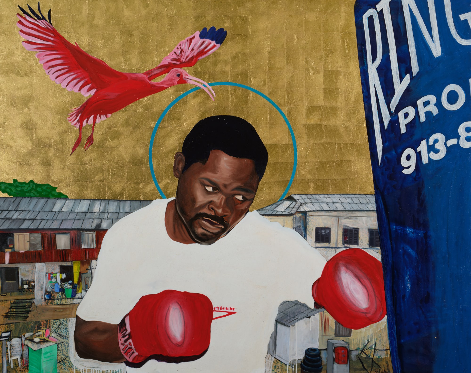 Godfried Donkor, St Azumah Nelson II , 2023, Oil, Acrylic and Gold Leaf on Canvas