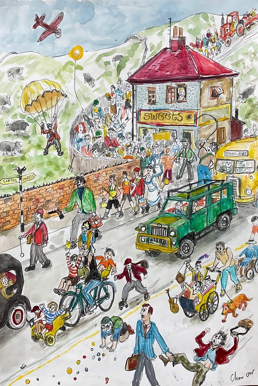 Chris Orr, Taking the Children to School, watercolour and ink on paper, 42 x 28 cm, 2022