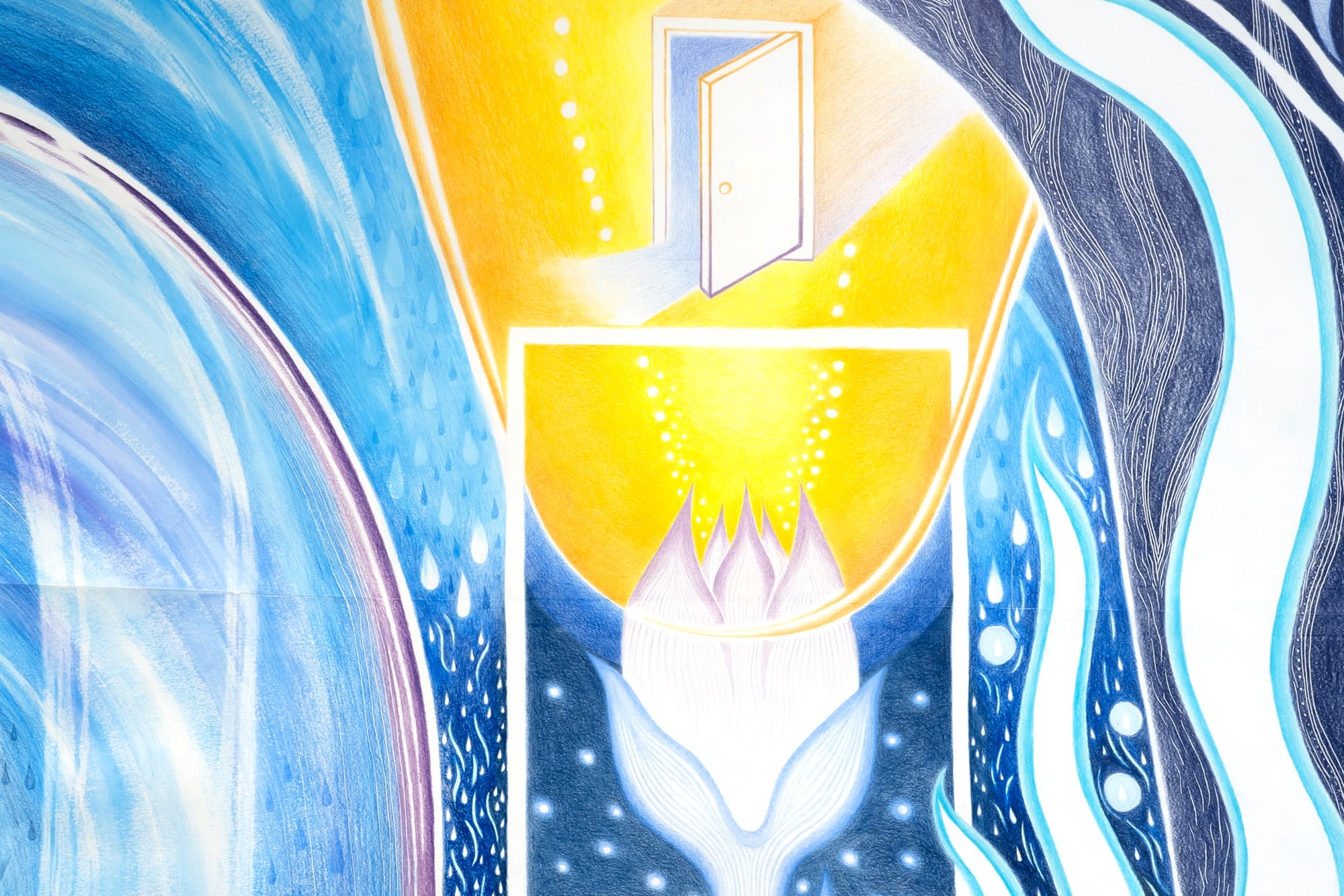 (Untitled) (detail), 2023, colored pencil, embossing, and mixed media on paper; embroidery; wood; monoprint; pinwheels, 30 ft x 8 ft x 12 ft(dimensions of installation)