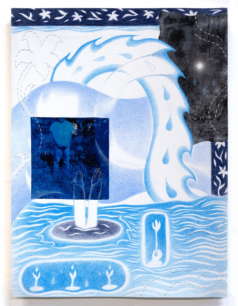 Ghosts of an Emergence, 2022, colored pencil, photo transfer, and thread on paper, 9 x 12 inches