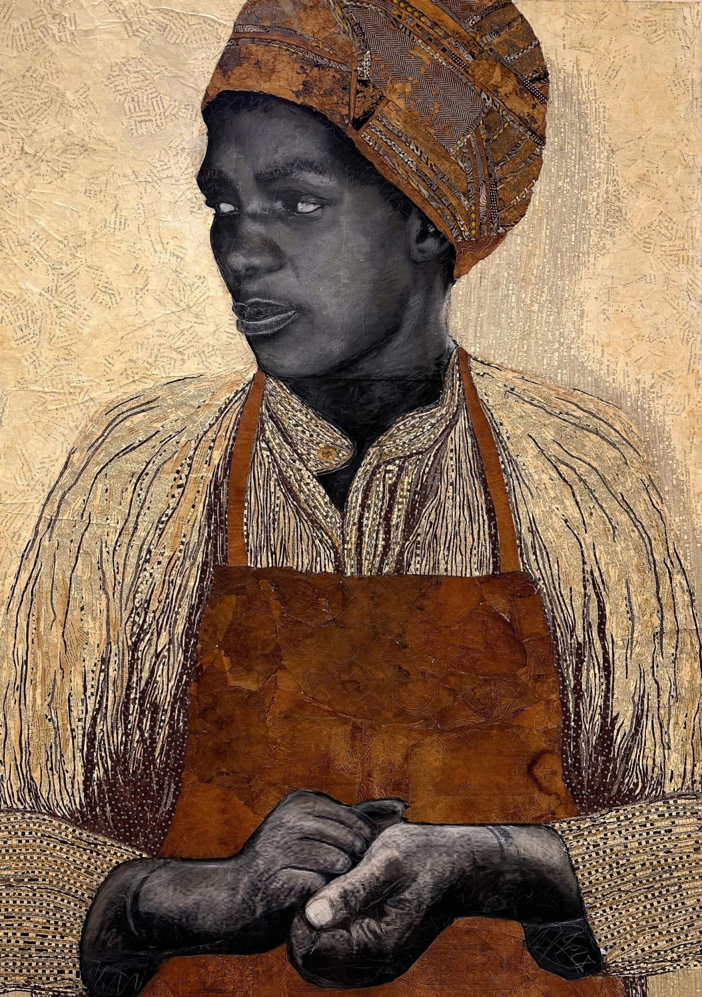 Marion Boehm - Series "Silent Beauty" - Leather Apron - 2013 - 168cm H x 119cm W - Mixed media collage