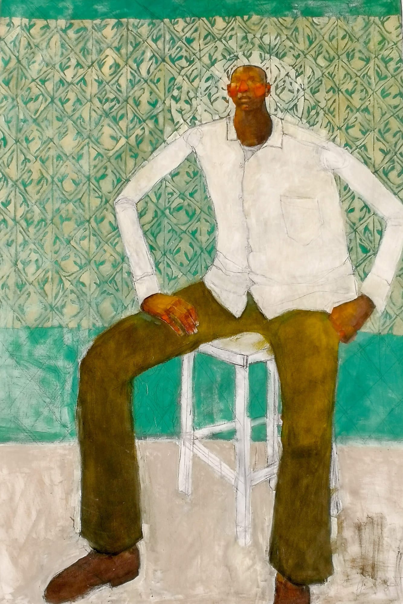 Olivia Mae Pendergast - Man sitting with Aura - 2019 - 183cm H x 122cm W - Oil on canvas