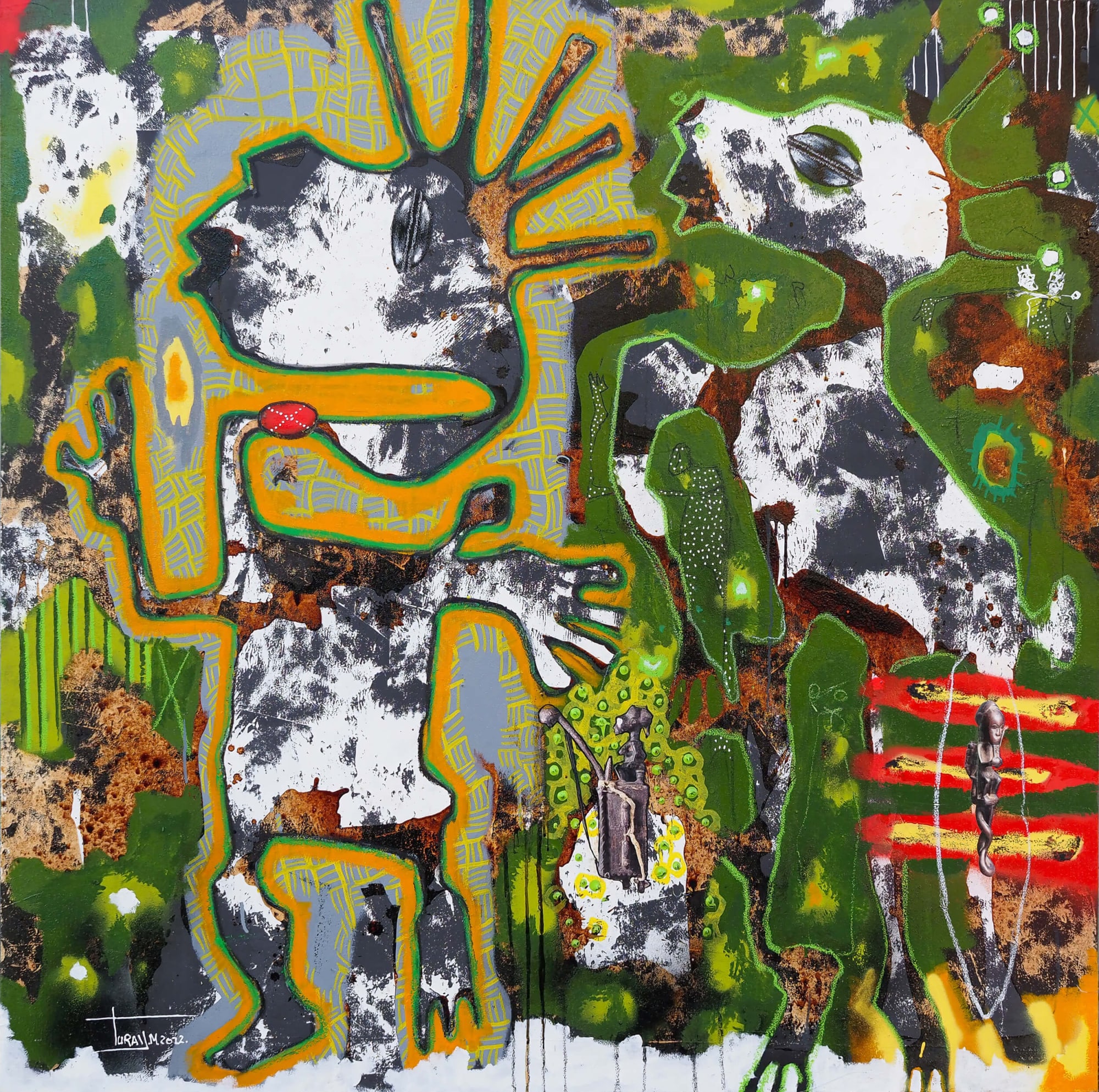 Mederic Turay - As the wind blows - 2022 - 150X150cm - Acrylic-oil-collage-coffee & colour pigments on canvas