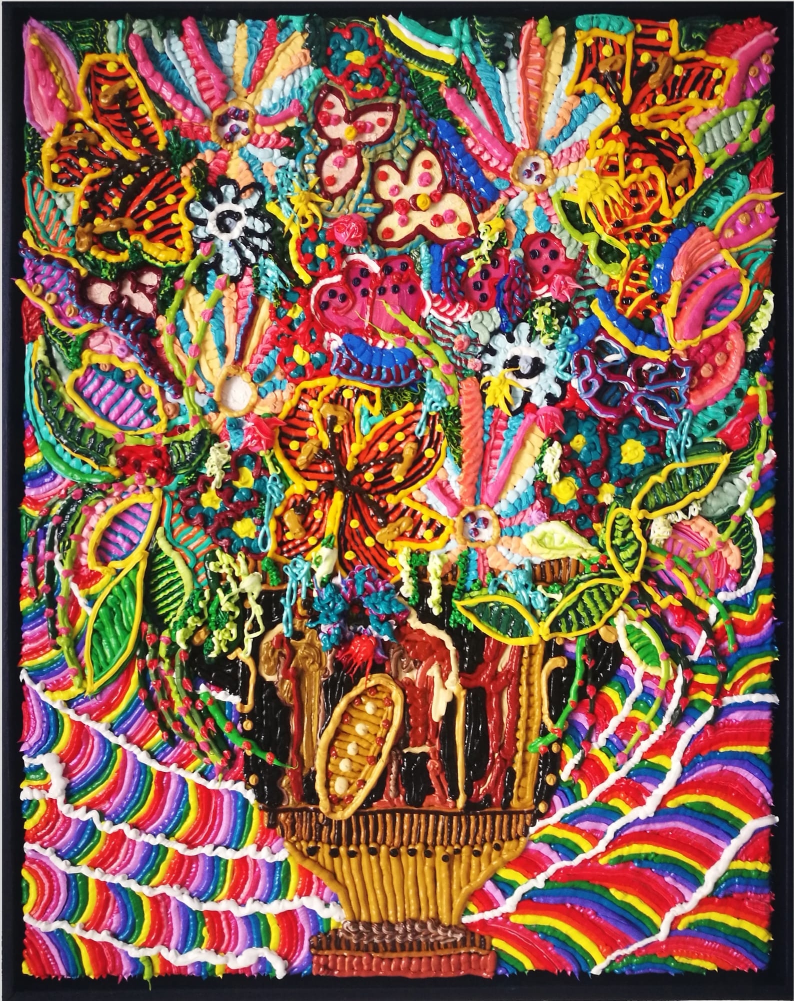 Caroline Larsen, Still Life. Athena and Medusa Bell Crater (Mixing bowl, Classical period) with flowers and rainbow background, 2019