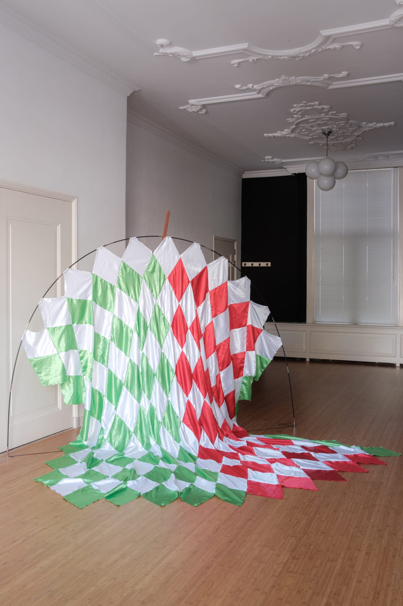 Daniele Formica, Untitled (red and green sunset), 2019, 200 x 150 x 150 cm, polyester fabric, thread, pins, tent structure