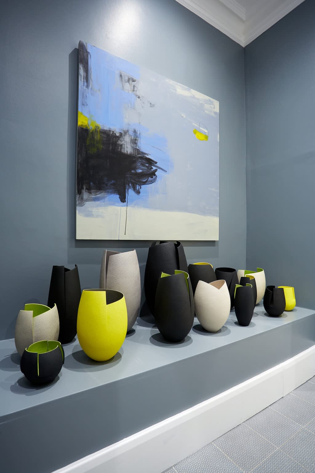 Ashraf Hanna - installation of cut and altered vessels (priced individually) Angela Charles - painting, Where was I ?