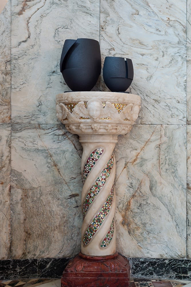 Ashraf Hanna, series of cut and altered vessels, ceramic, 2019