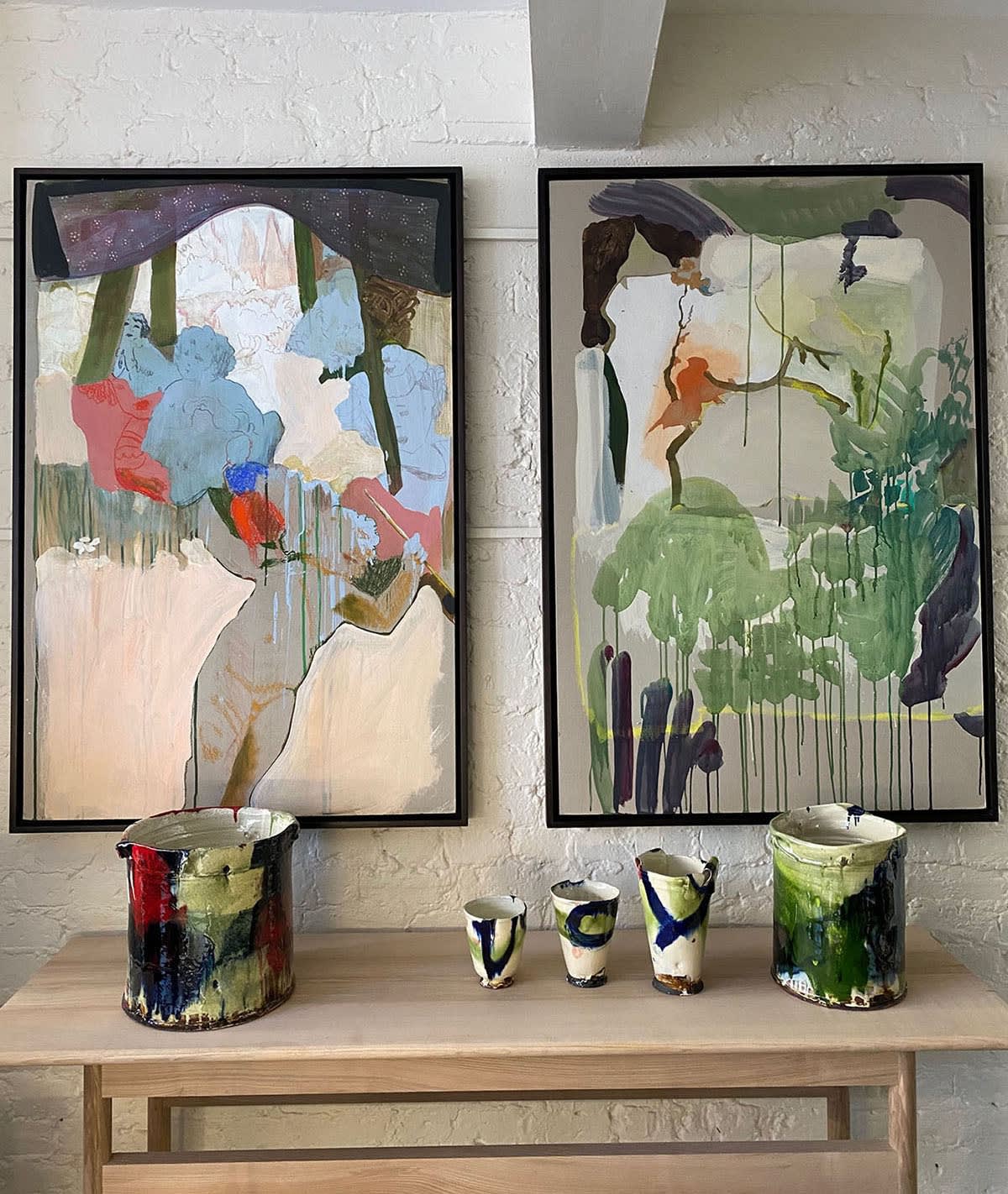 Painting by Helen Ballardie alongside ceramic sciulptures by Barry Stedman
