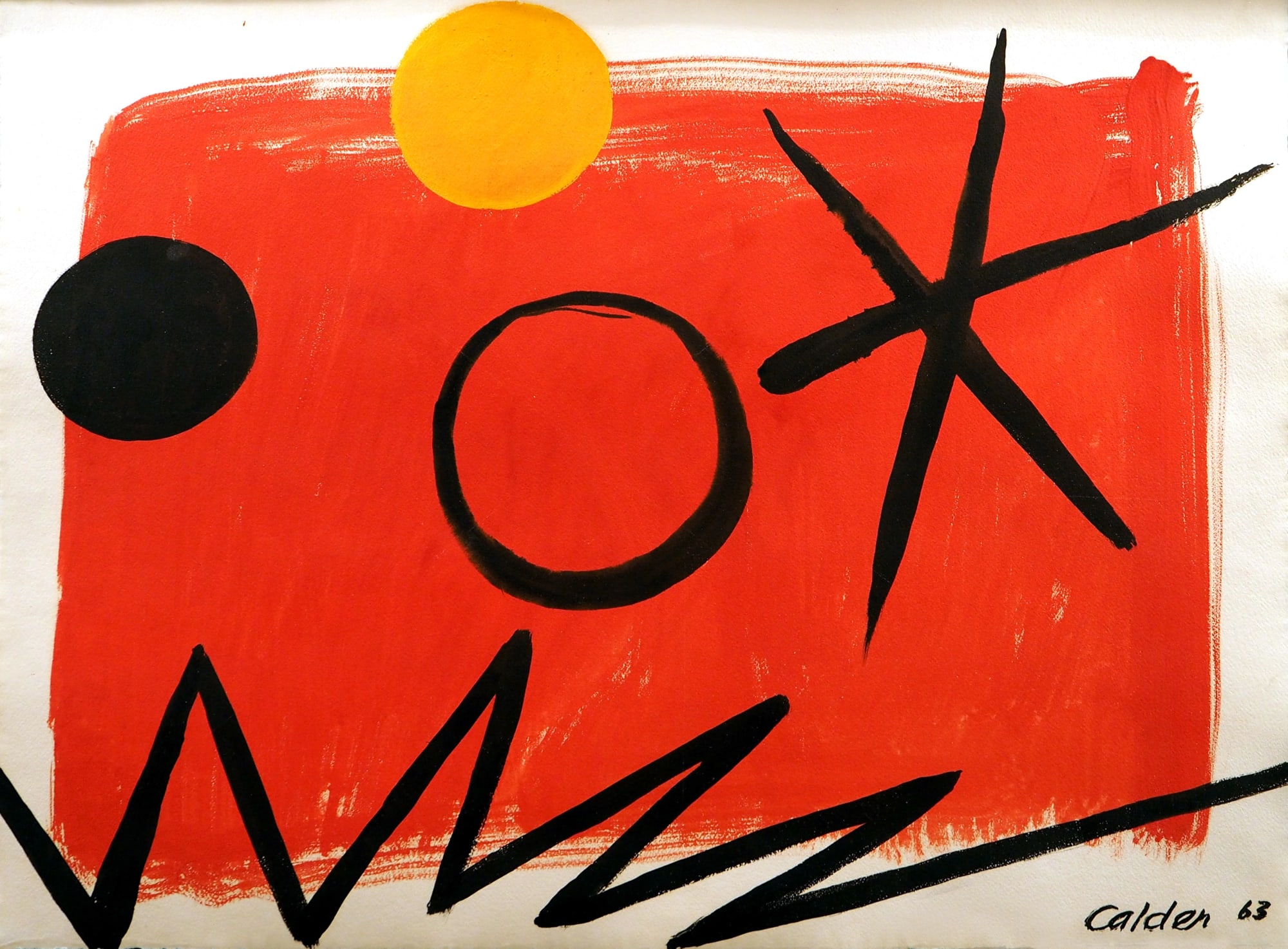 ALEXANDER CALDER (1898 – 1976) ORANGE SUN ON RED GROUND 1963 Goauche on paper 58 x 78 cm Signed and dated