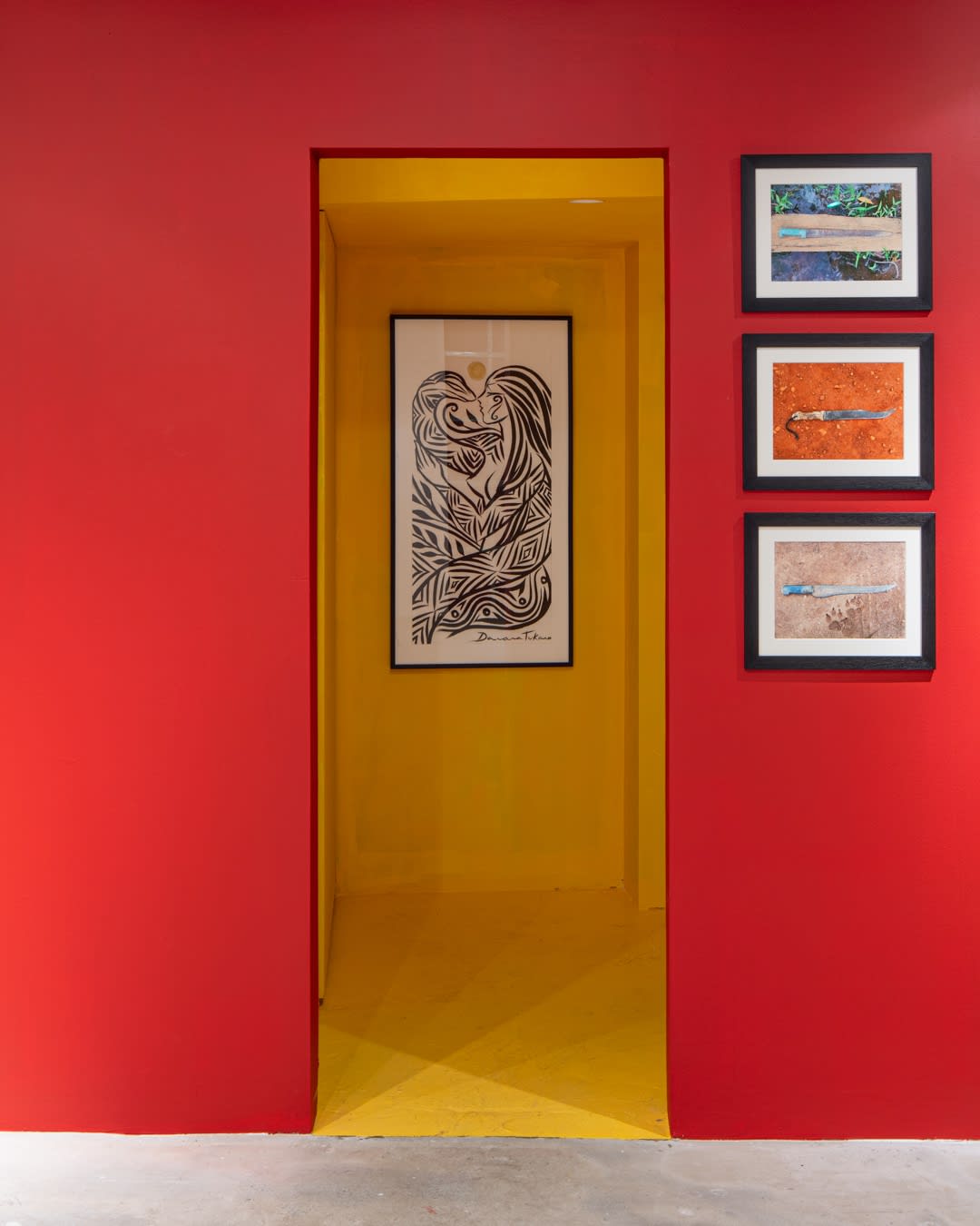 Left: Daiara Tukano, O Acordo (The Agreement), 2021, sumi-ê ink on paper, 100 x 46 cm; right: Sallisa Rosa, Resistência (I-III), 2021, inkjet prints on Hahnenmühle PhotoRag 180 gsm, 21 x 29.7 cm each, edition of 3
