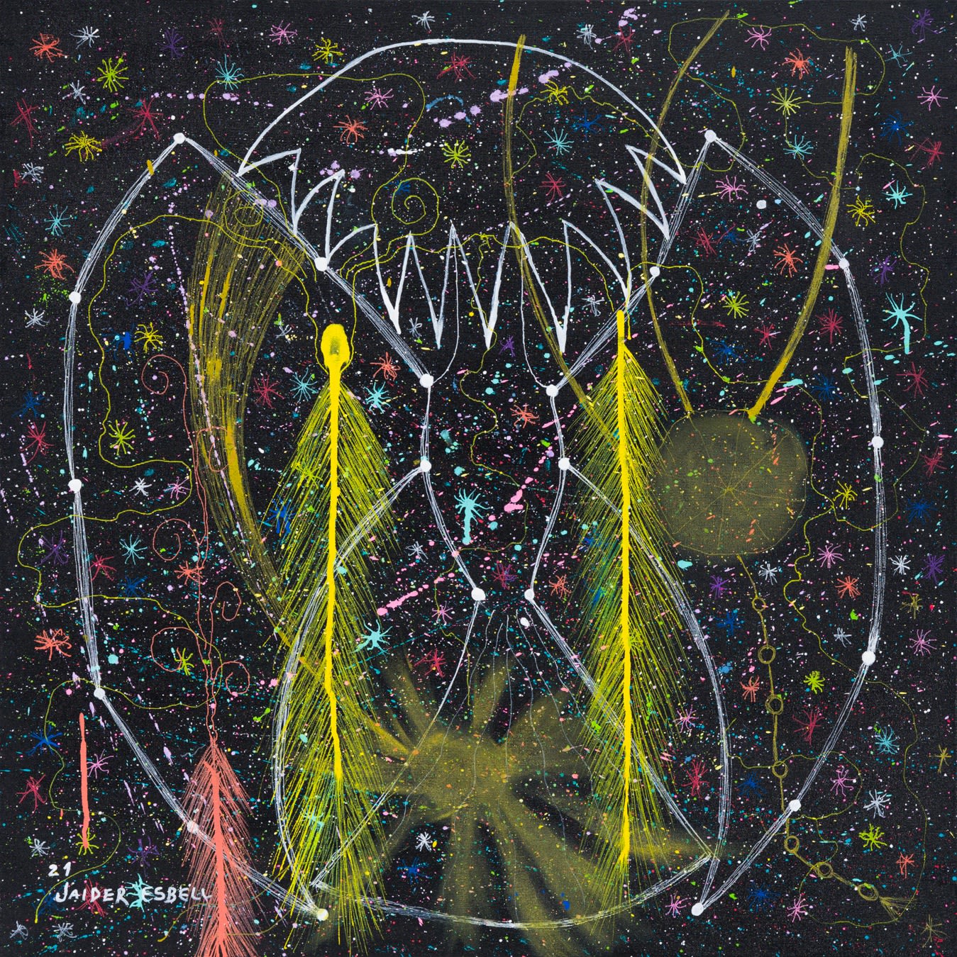 Jaider Esbell, Ninho dos Sonhos (Nest of Dreams), 2021, oil on canvas, 70 x 70 cm
