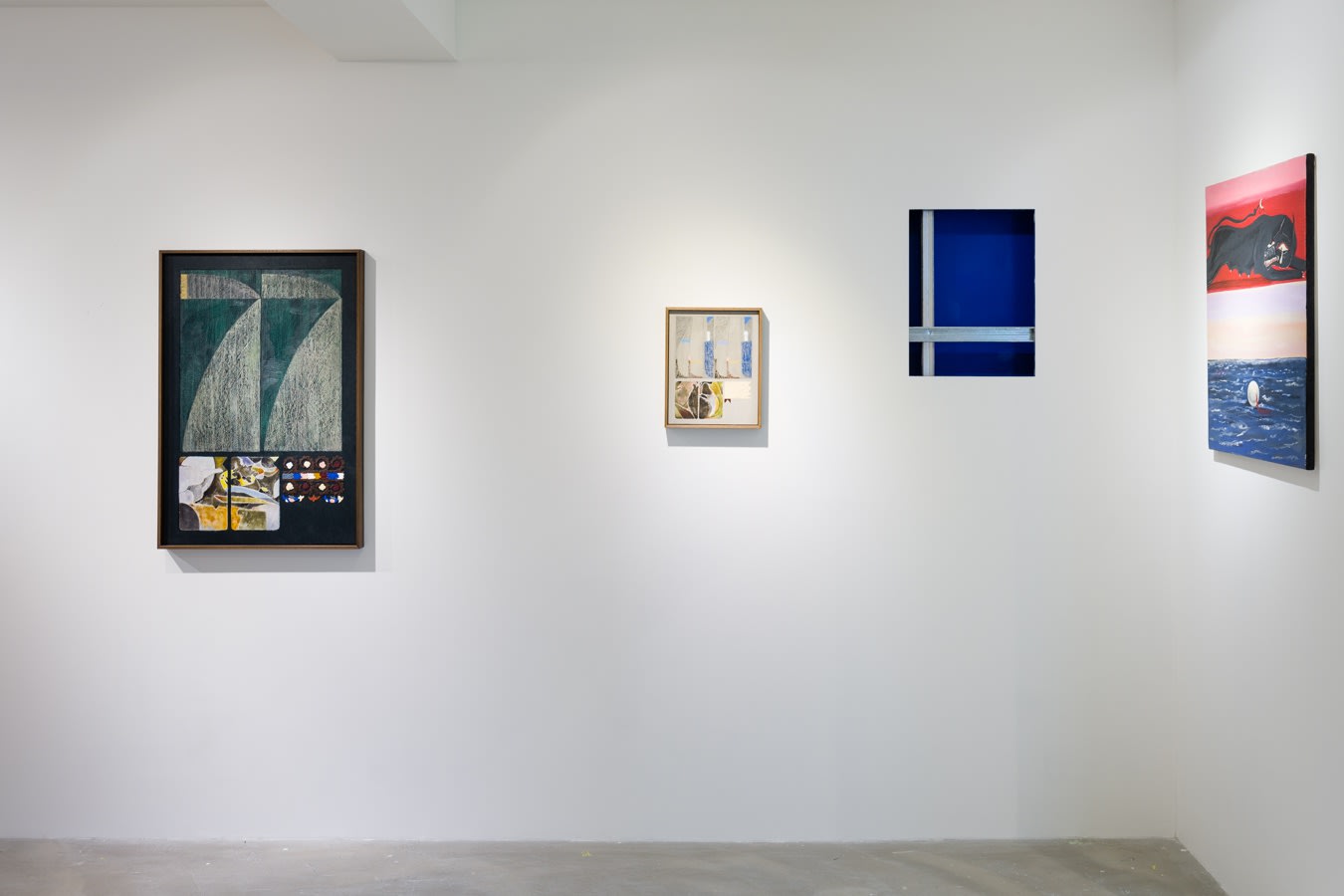 From left to right: Haroun Hayward, Tainted Love (Entrance to a Lane), 2021, and A Painting for Graham Sutherland and Frankie Knuckles, 2021, both oil paint, oil stick, oil pastel and gesso on wood panel; Rithika Pandey, The Visitation Dream, 2021, acrylic on canvas