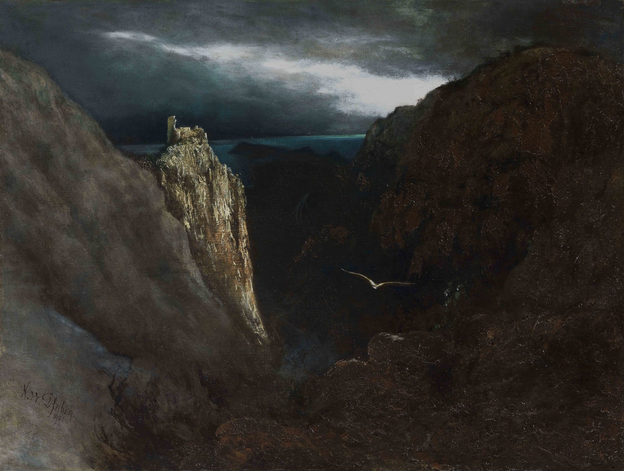 KARL WILLHELM DIEFENBACH, Seagull flying over the remains of Villa Jovis in the moonlight, 1901