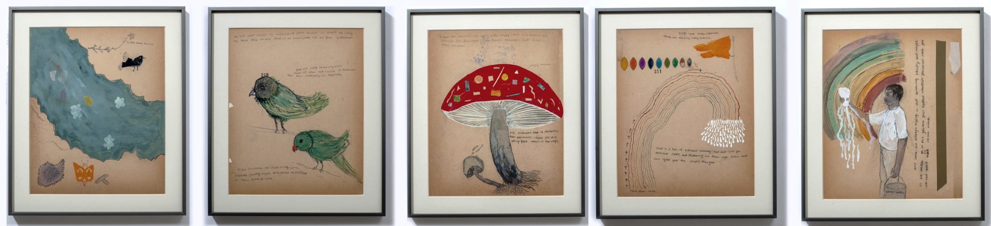 Shailesh B.R. Untitled, 2022 Ink, watercolour, gift wrap paper, gum tape stickers on old paper 13.5 x 10 in (each) Set of 4