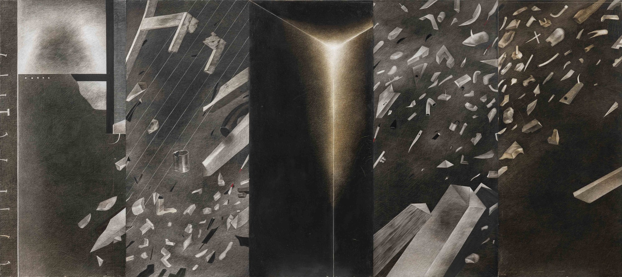 Rameshwar Broota Untitled Oil on canvas, scraped with blade 54 x 120 in | 137.25 x 305 cm (Set of 5 panels) 2020-21