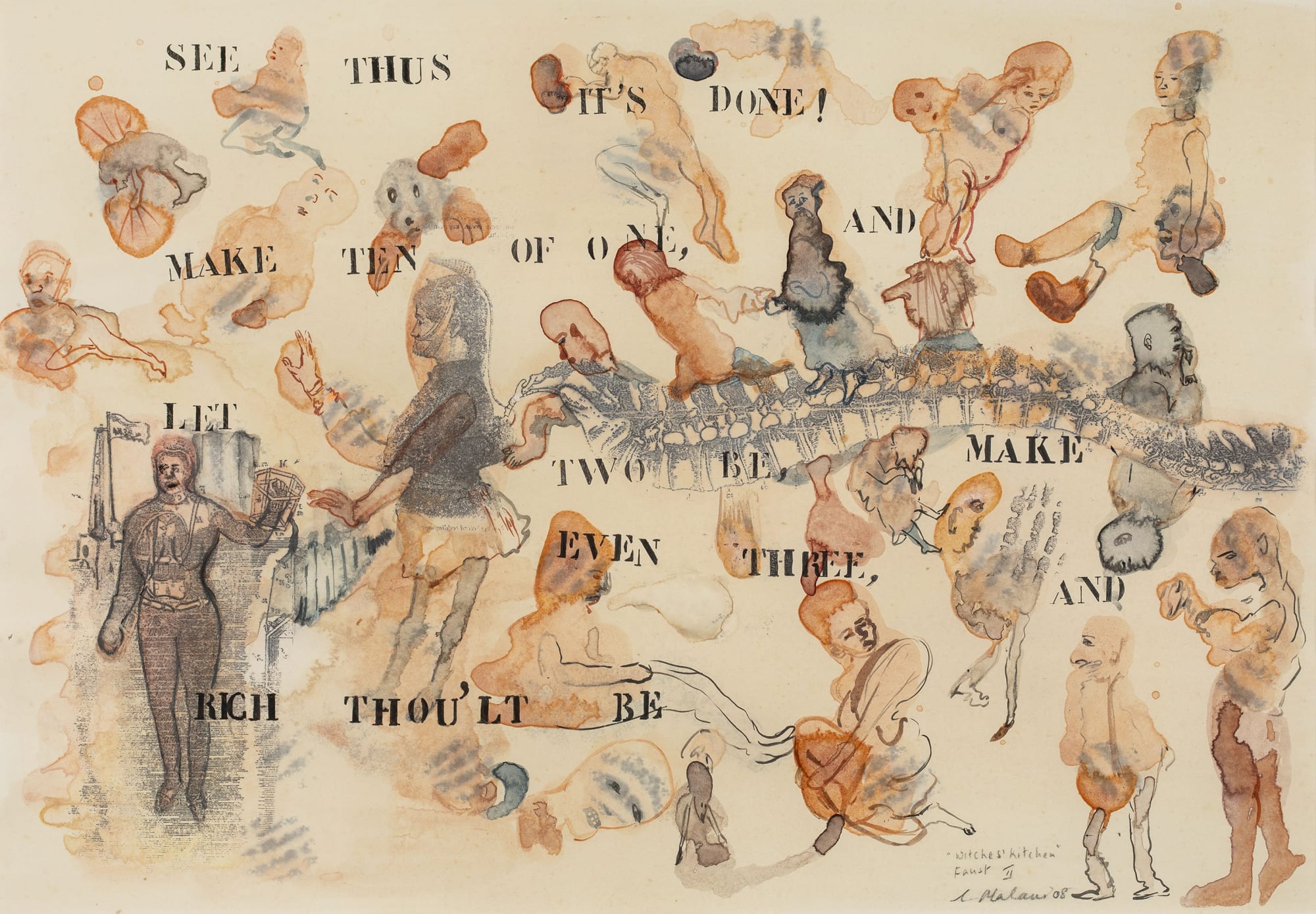 Nalini Malani Witches’ Kitchen (Faust I, II, III) Transfer, aquarelle, crayon on paper 14 x 20 in each | 35.5 x 50.8 cm each Set of 3 2008