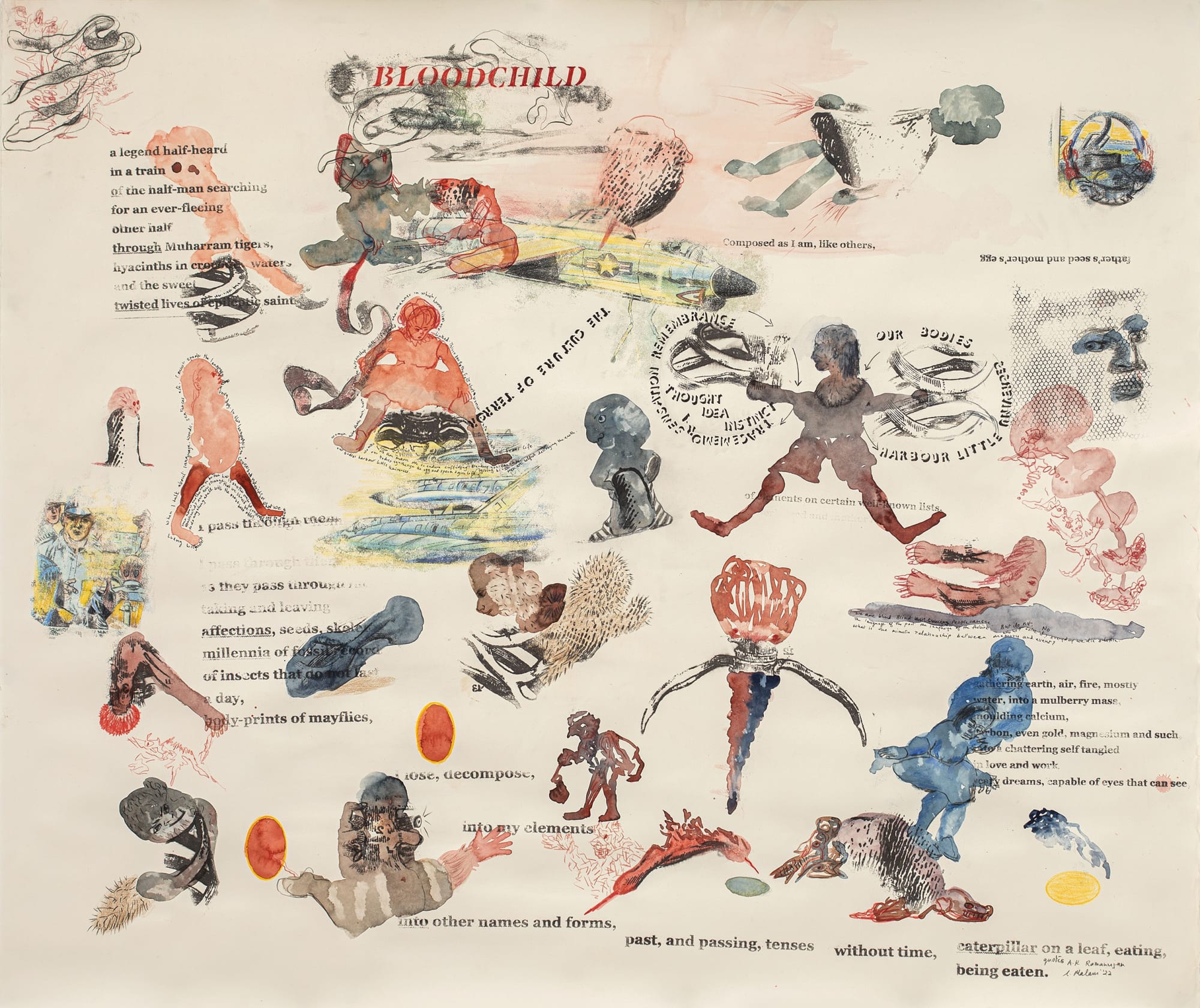 Nalini Malani Bloodchild Transfer, acrylic, aquarelle, ink on Arches Papier d’Arches 300 gsm 96 x 118 cm 38.5 x 47 in 2022