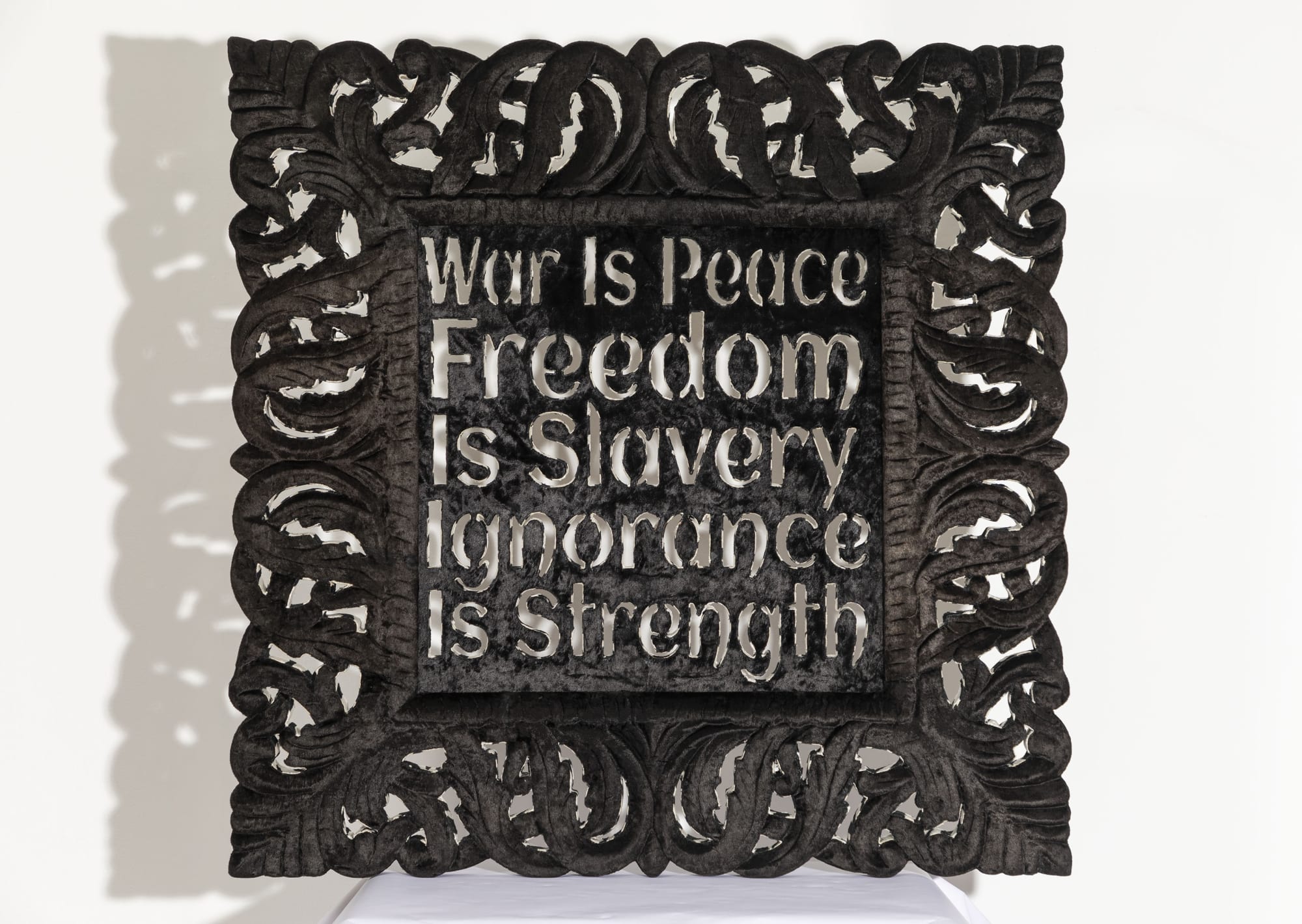 Anita Dube Motto (of our time), 2023 Wood, velvet, MDF and glue 35 x 35 in