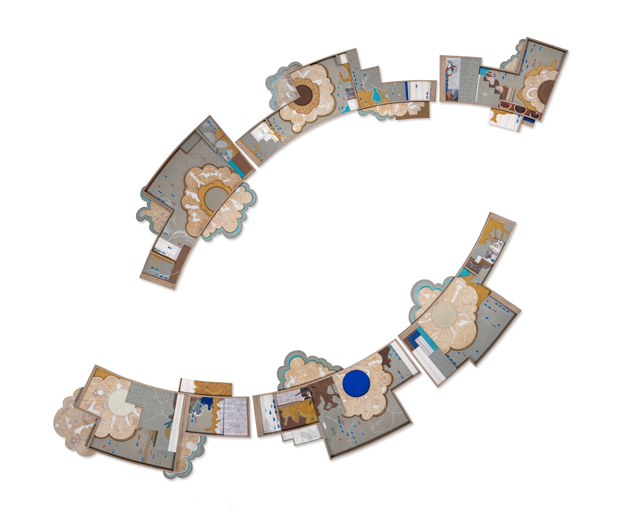 Jagannath Panda Curves and Continuum - I, 2023 Acrylic, plywood, paper mache, paper collage, pencil, glue, ink, plastic, pigment, wallpaper, sealer 78 x 72 in