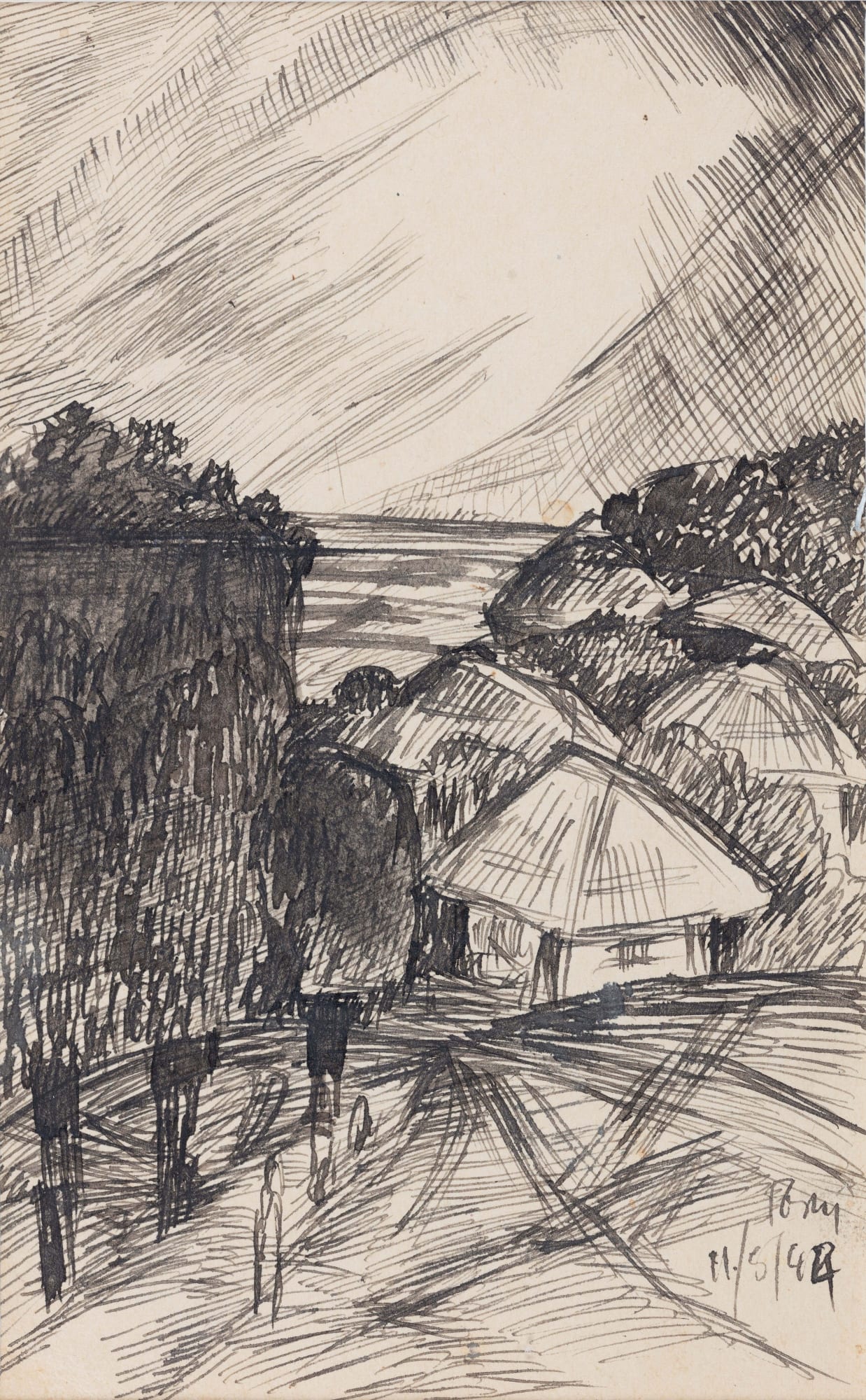 Benodebehari Mukherjee Landscape with Darkening Sky, 1944 Pen and ink on paper