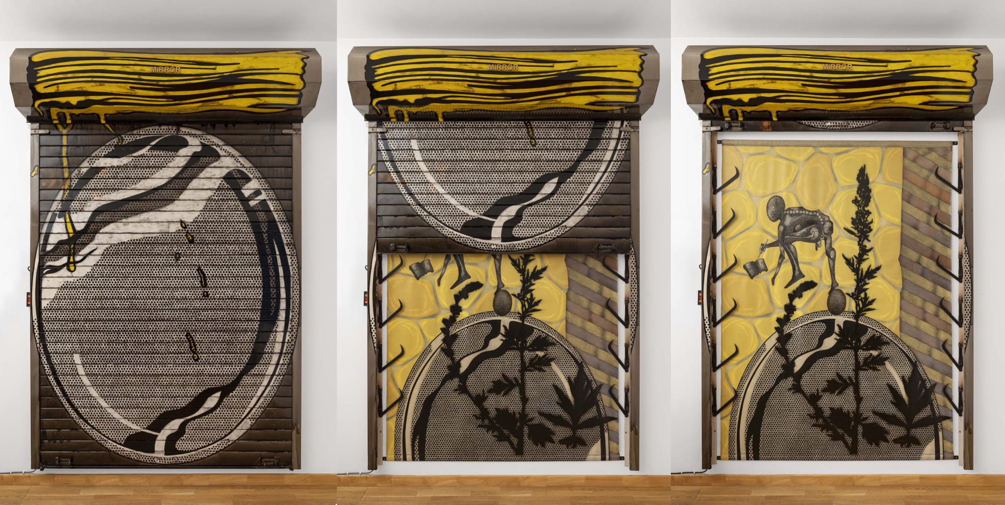 Atul Dodiya Mirror, 2013 Exterior: Enamel Paint & brass letter on motorized galvanized roller shutter with iron hooks Interior: Oil, acrylic with marble dust and oil stick on canvas, hung on iron bar