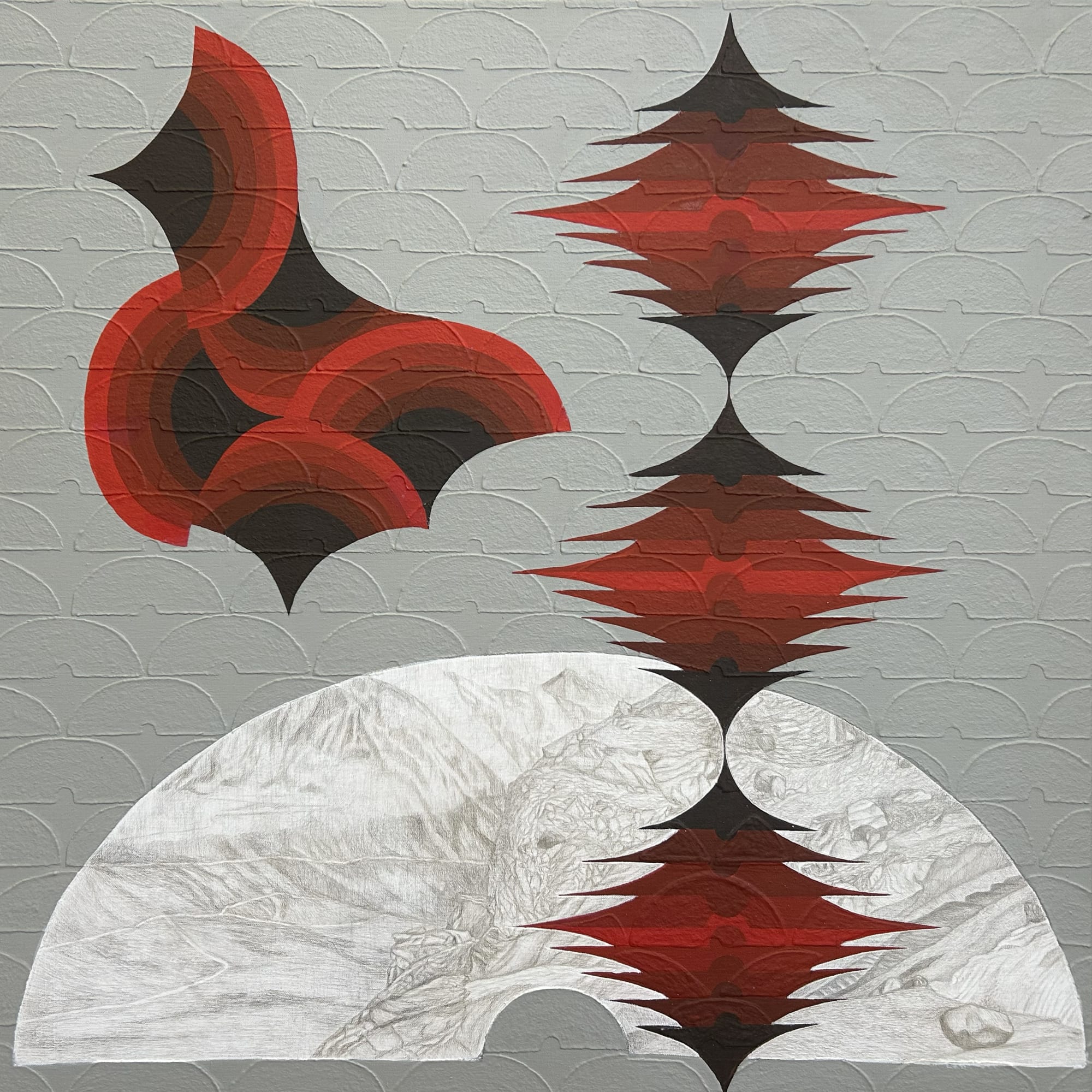 Praneet Soi Red Bird: The View from Saspol, 2024 Gel, silverpoint and acrylic on linen canvas 80 x 80 cm | 31.5 x 31.5 in