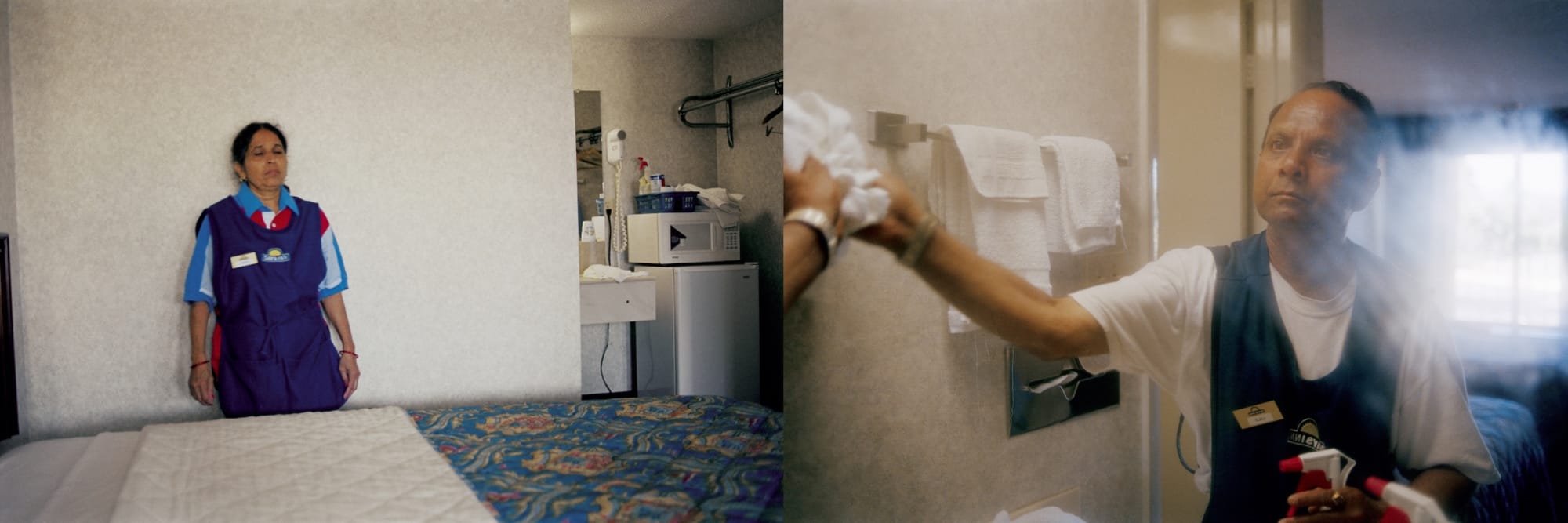 Gauri Gill Laljibhai and his wife Pushpa Ben Patel work as cleaners at Days Inn West. Knoxville, Tennessee 2004, from the series The Americans Archival pigment print