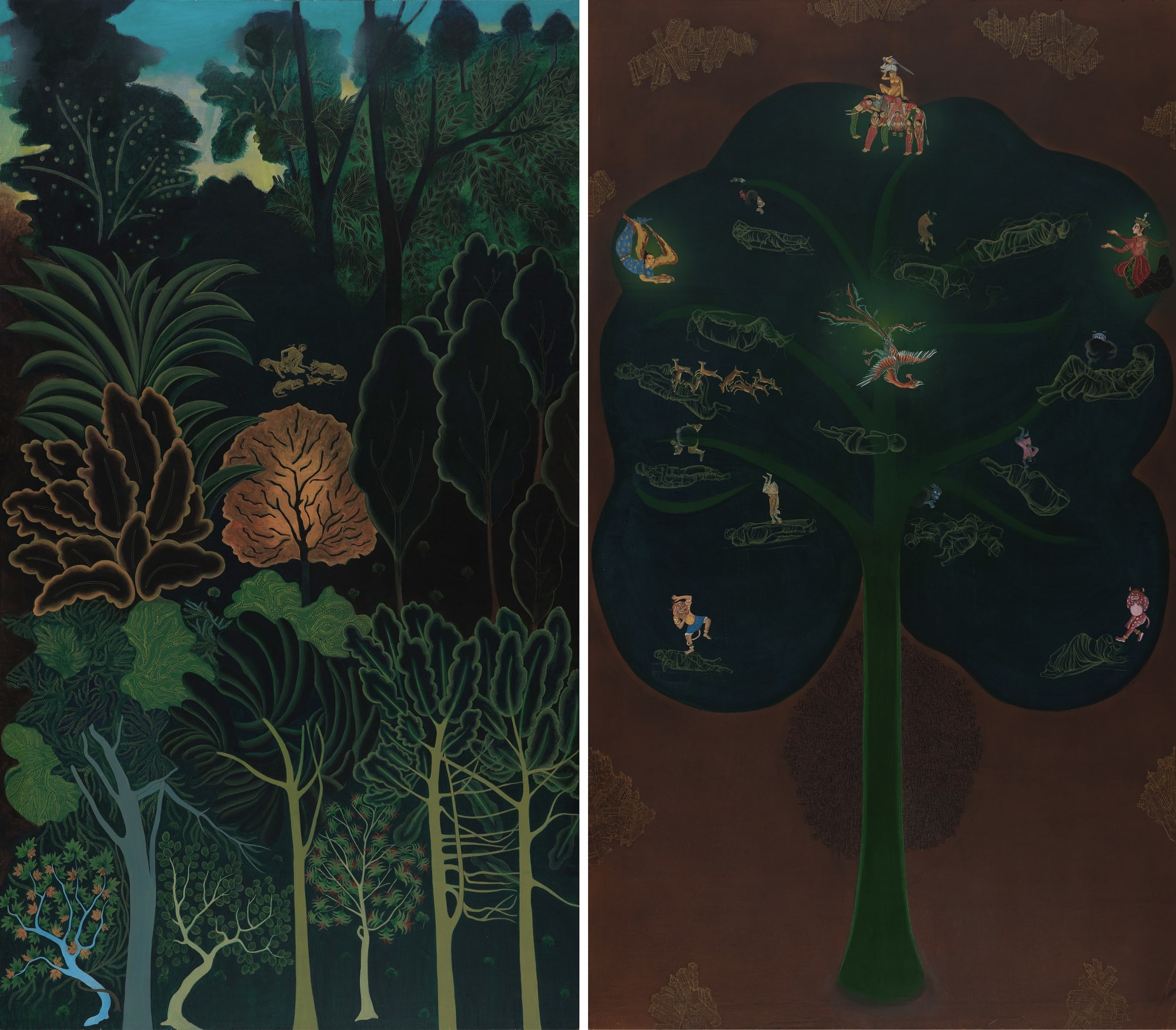 मजनूँ जंगल में Majnun in the Forest (Recto) ख़्वाब Tree of Sleep (Verso) Acrylic on board 84 x 48 in
