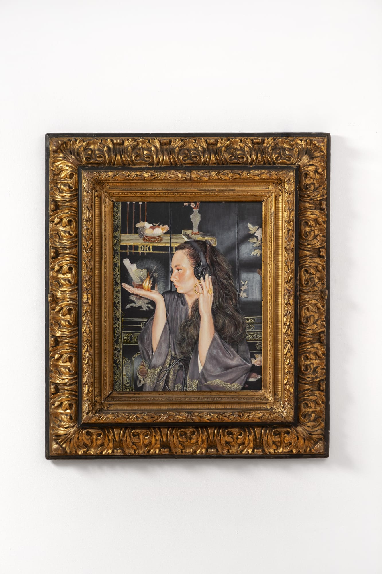 Faiza Butt A Small Fire, 2024 Oil glazes on board, mounted in antique gilt frame 35 x 31 in