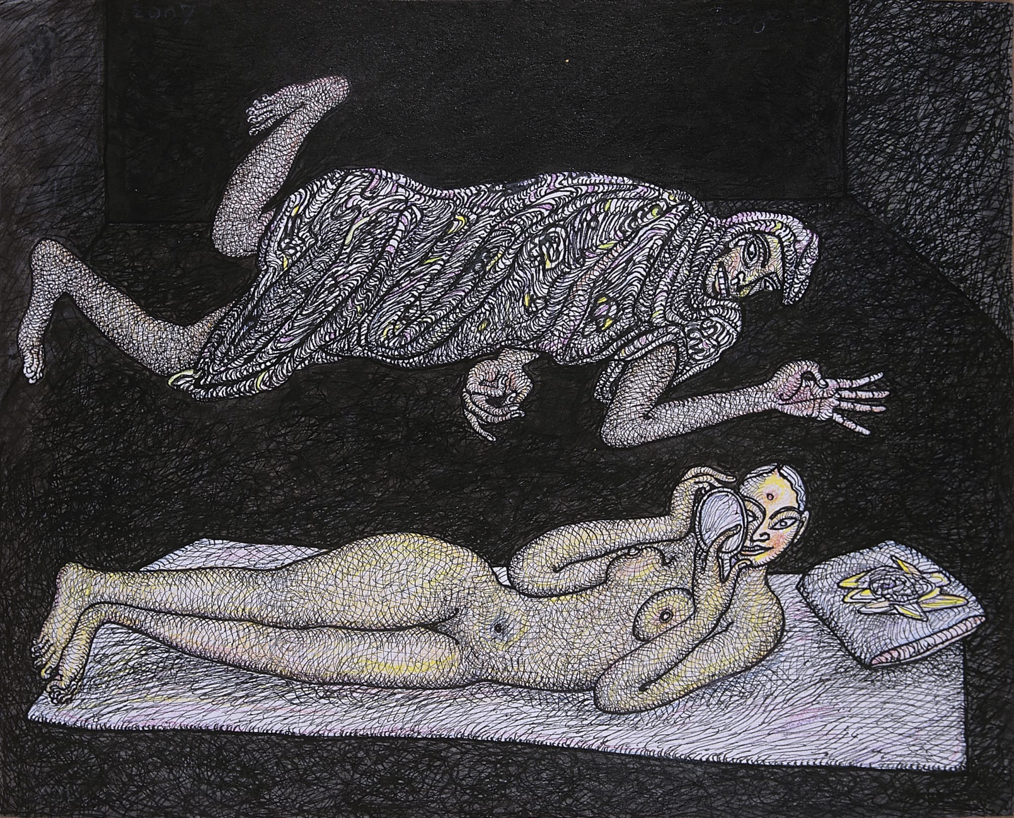 Jogen Chowdhury Looking into the mirror, 2007 Pen and ink with coloured pencil on paper 8 x 10 in