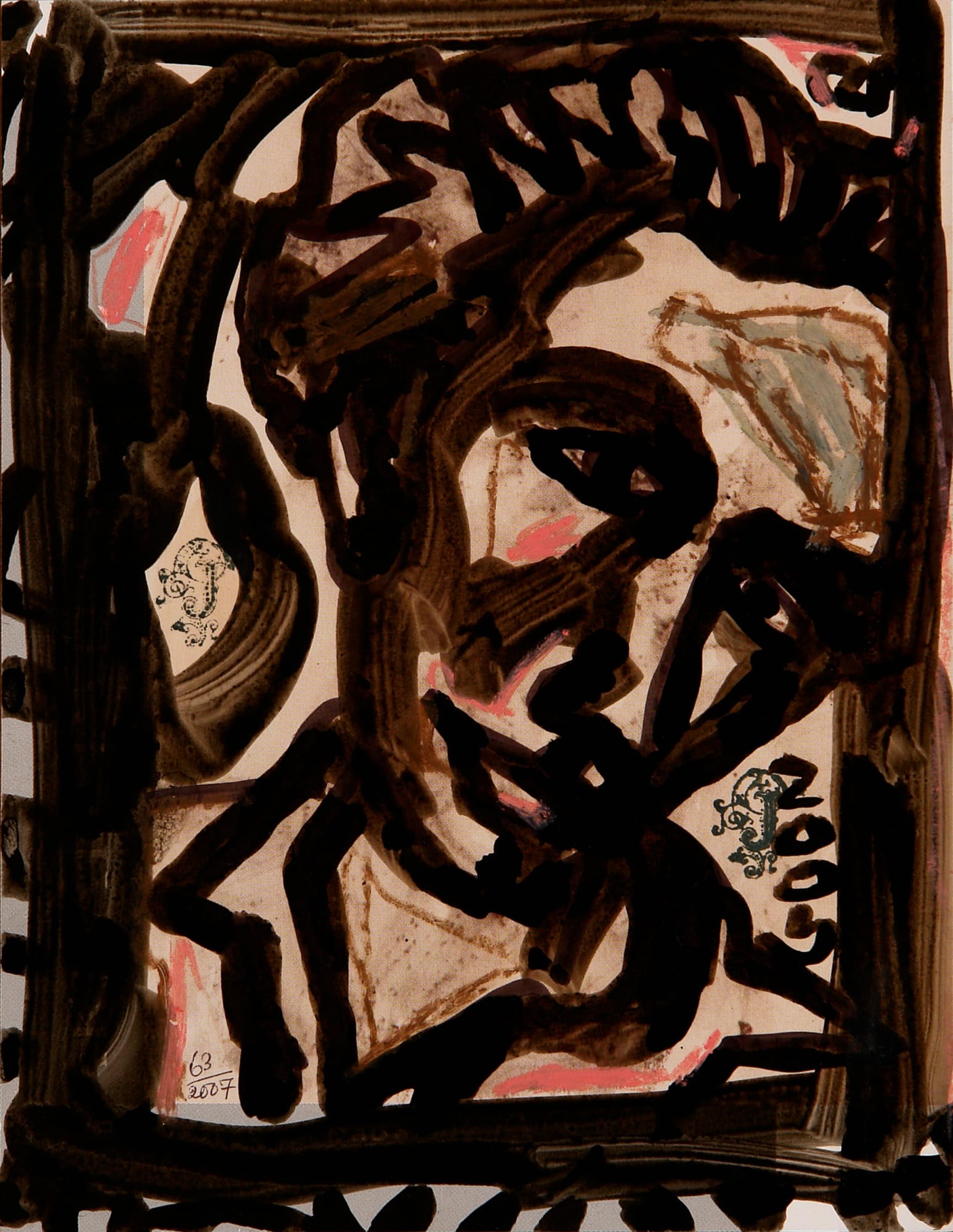 Jogen Chowdhury Face of a man in his shirt, 2007 Ink with brush on printed card 6.6 x 5 in