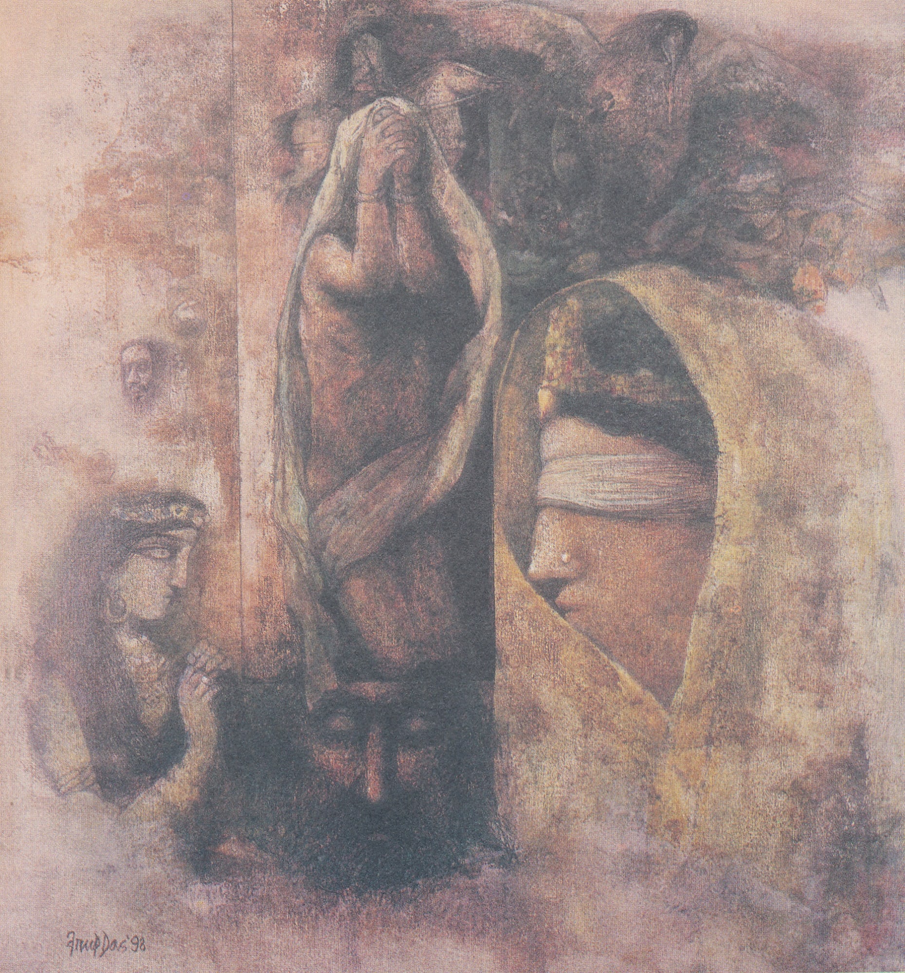 Arup Das Gandhari, Draupadi and Duryodhan Mixed media on canvas 24 x 22 in
