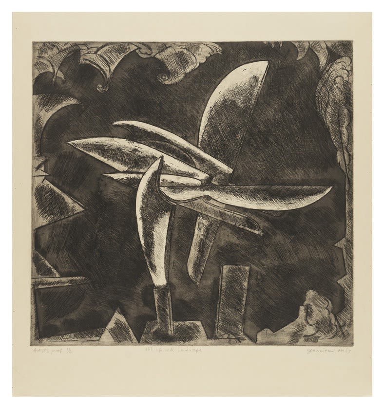 Gulammohammed SheikhStill Life with Landscape (Days of the Dagger), 1993 Etching - Aquatint, Final Version, Brown Tint