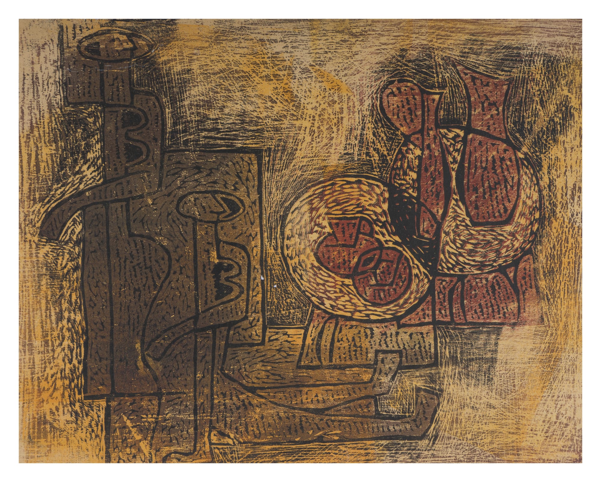 Gulammohammed Sheikh Figures and Still Life, 1957 Woodcut