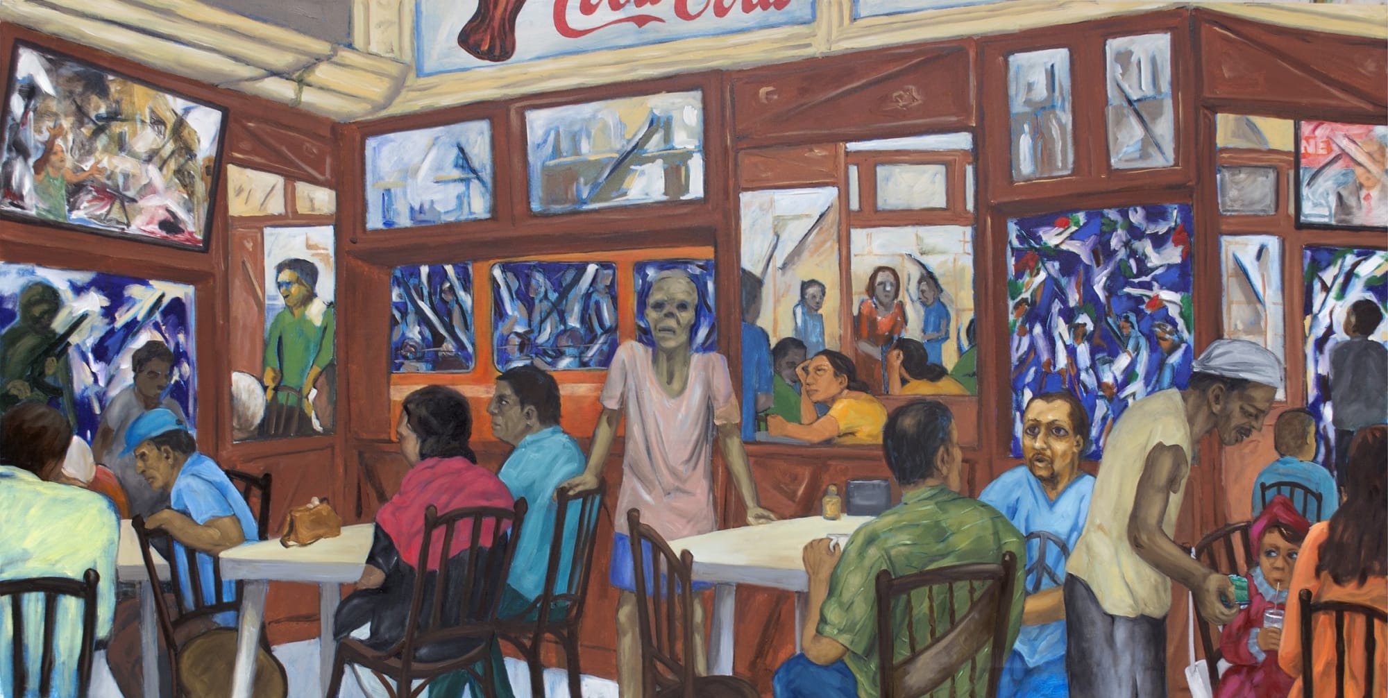 Sudhir Patwardhan Irani Café and the War Elsewhere, 2024 Acrylic and oil on canvas