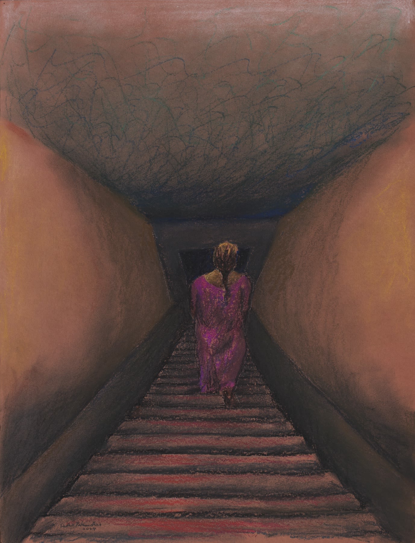 Descent Coloured charcoal on tinted paper 2024