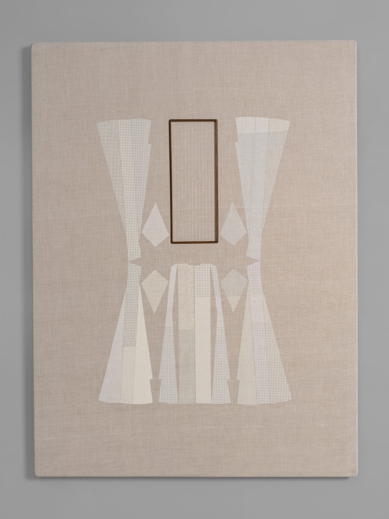 Unborn Series III, 2014–25 Hand-woven muslin, archival ink, MDF, teak wood 36 x 48 in