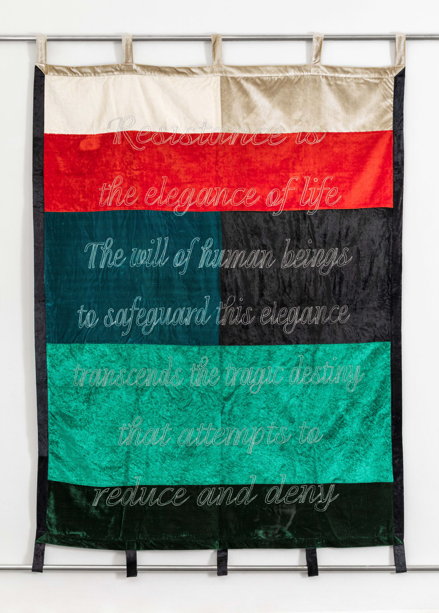 Anita Dube After Mireille Kassar (For Palestine) Velvet, cloth, thread, embroidery, wood