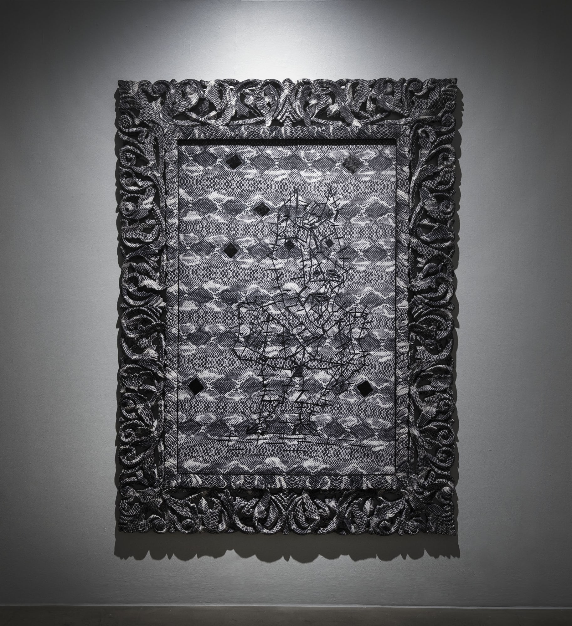 Anita Dube Snake Man (After Paul Klee) Wood, plywood, velvet, embroidery, paint and gluee