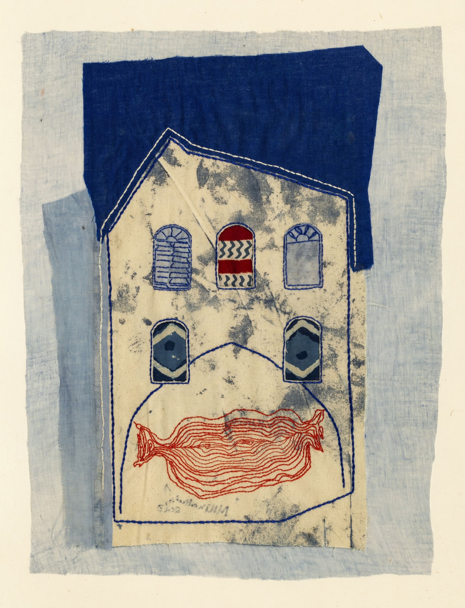 Meenakshi Nihalani Cardamom House, 2023 Muslin, natural indigo/red dye, cotton thread handwork and Indian ink