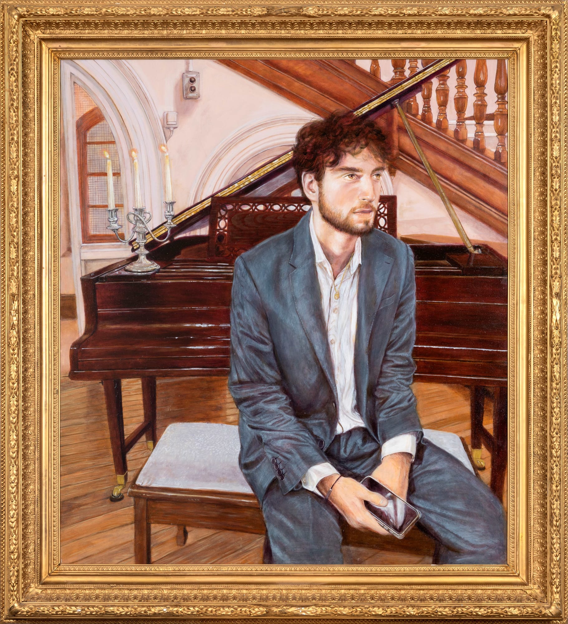 Faiza Butt Zack Offline, 2023 Oil glazes on board mounted in antique frame 57.25 x 52 in