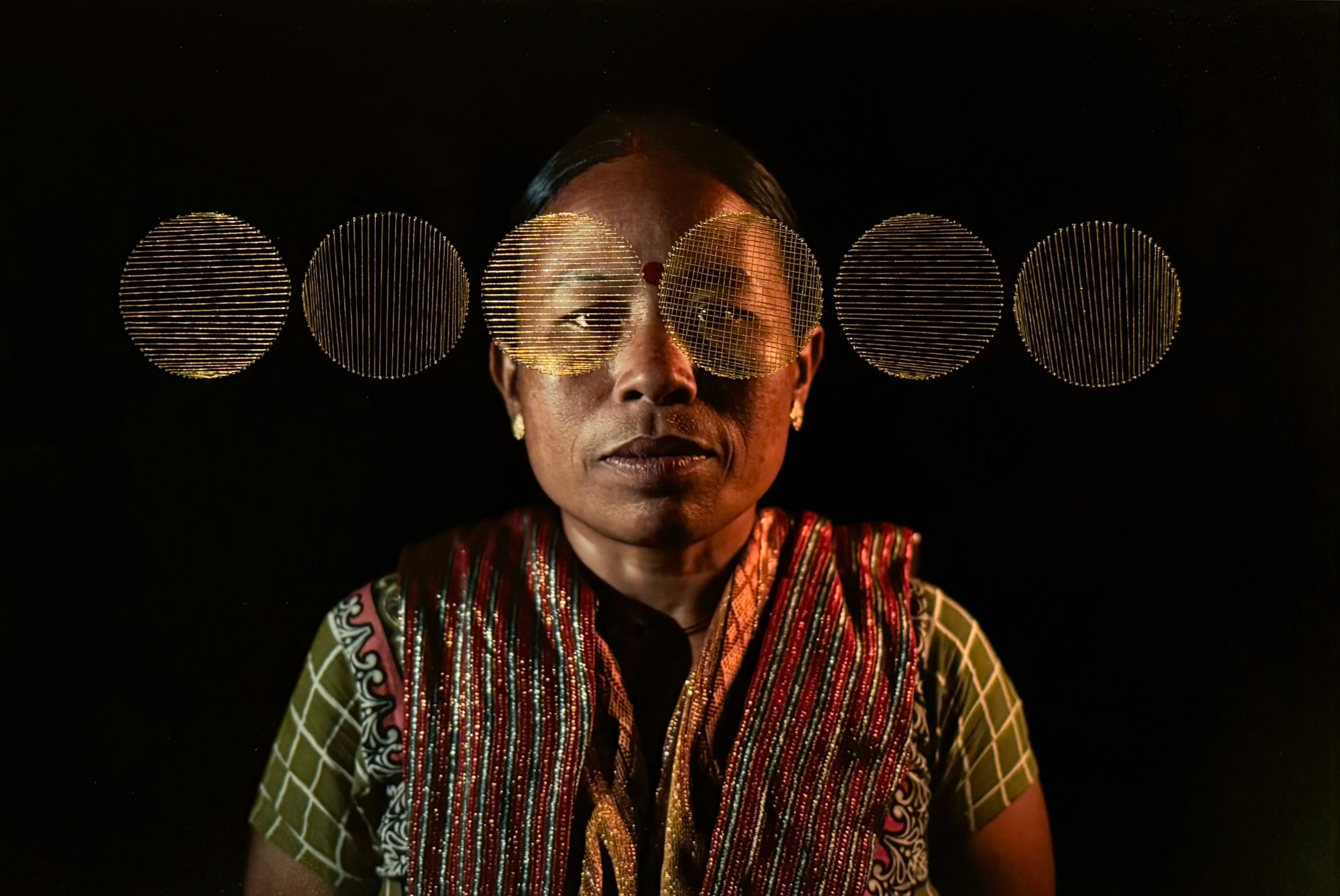 Behula these Days C-type print on archival paper and golden silk thread 2025