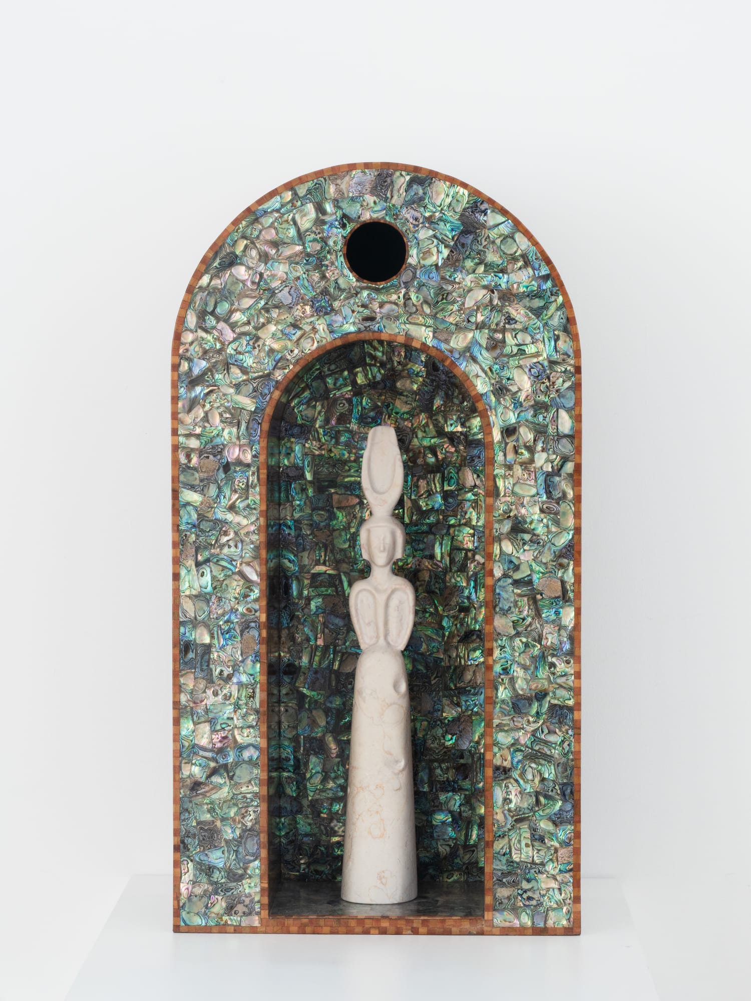 Anointed Shrines 1, 2025, Mother of pearl inlay, wood, Injasa limestone, 71 x 38 x 19 cm.