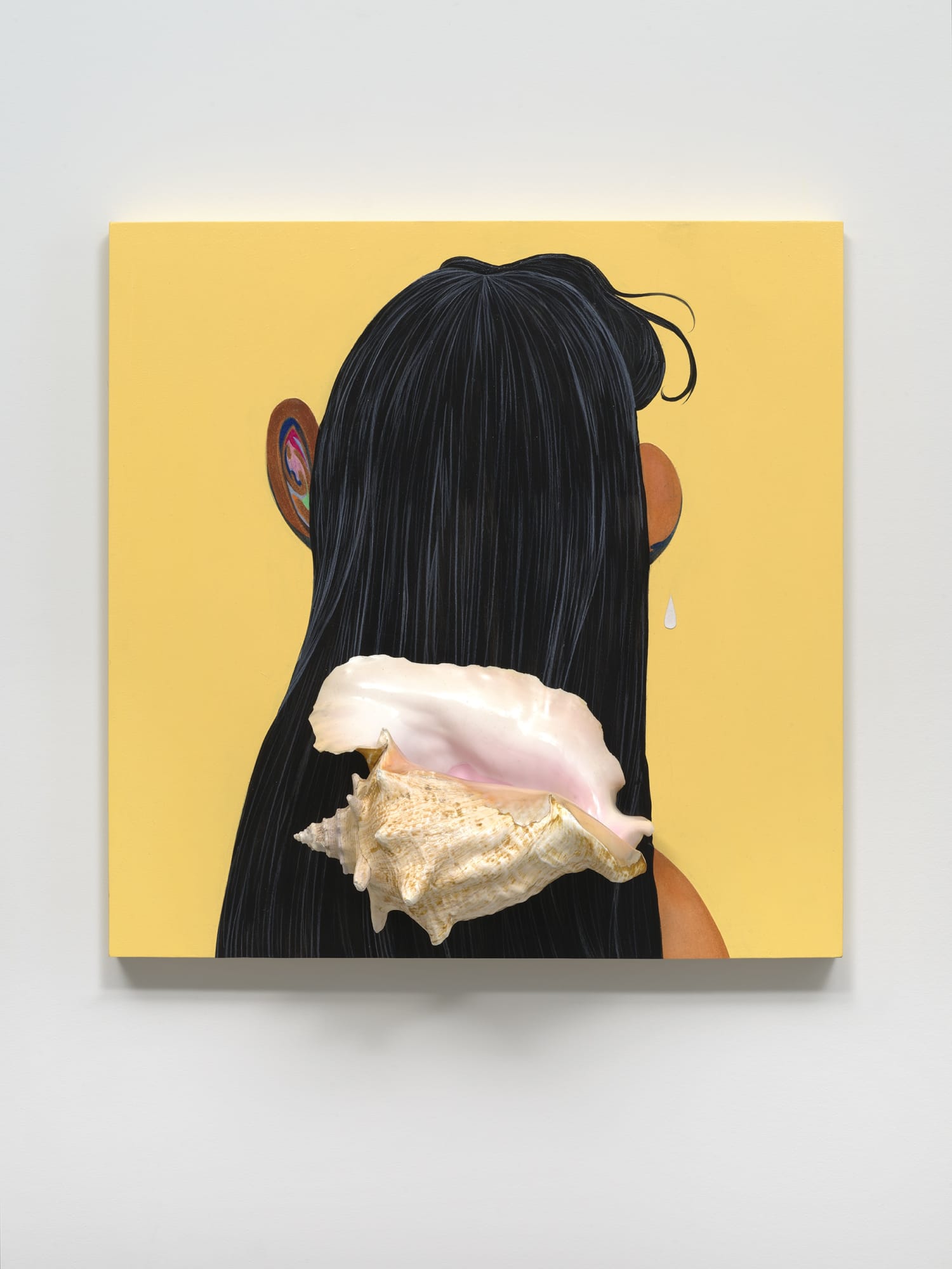 Bony Ramirez The Oceans Calling, 2022 Acrylic, color pencil, soft oil pastel, sea conch, Bristol paper on wood panel 20 x 20 inches