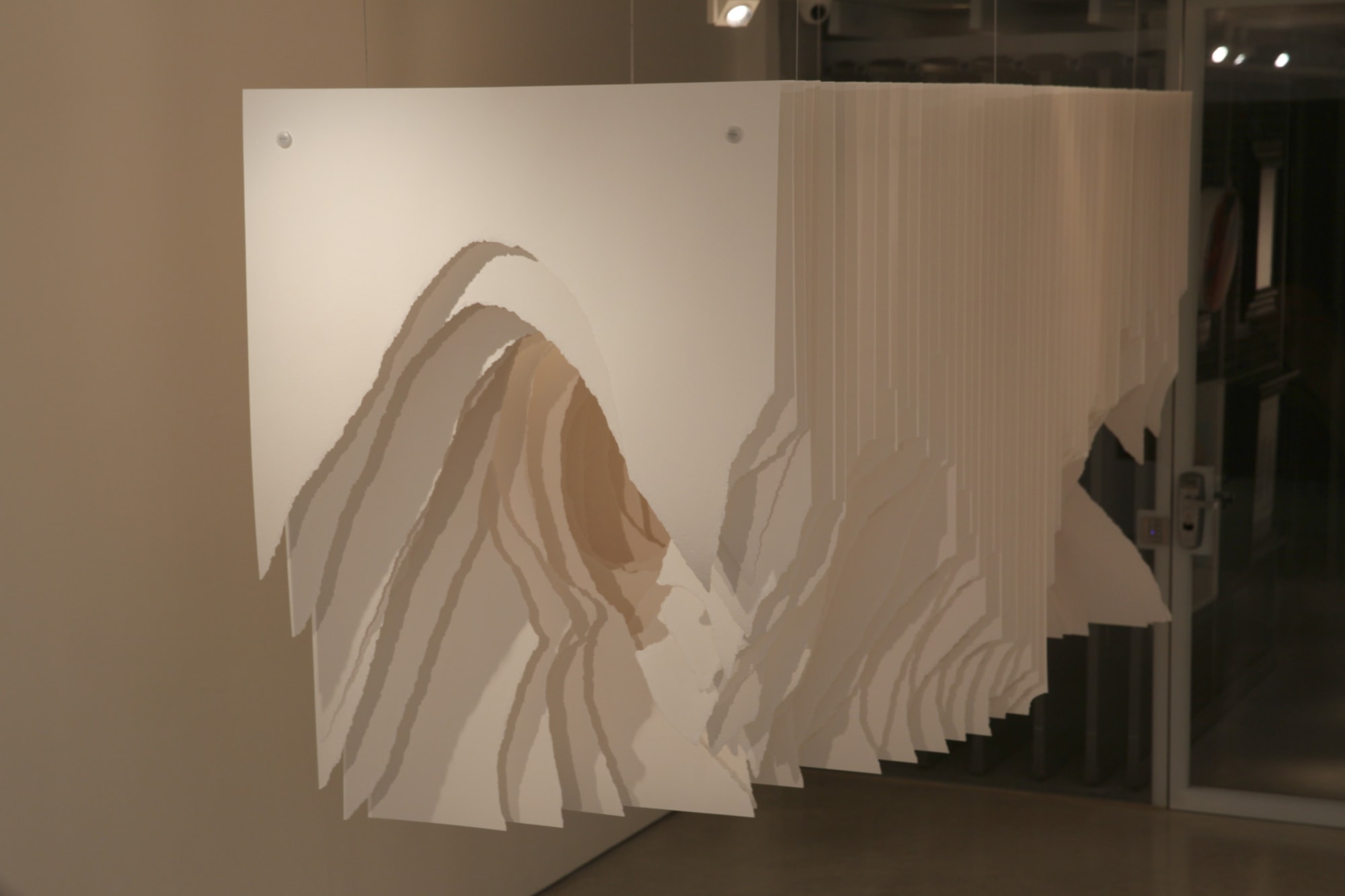 Angela Glajcar paper sculpture hanging at Andipa Gallery