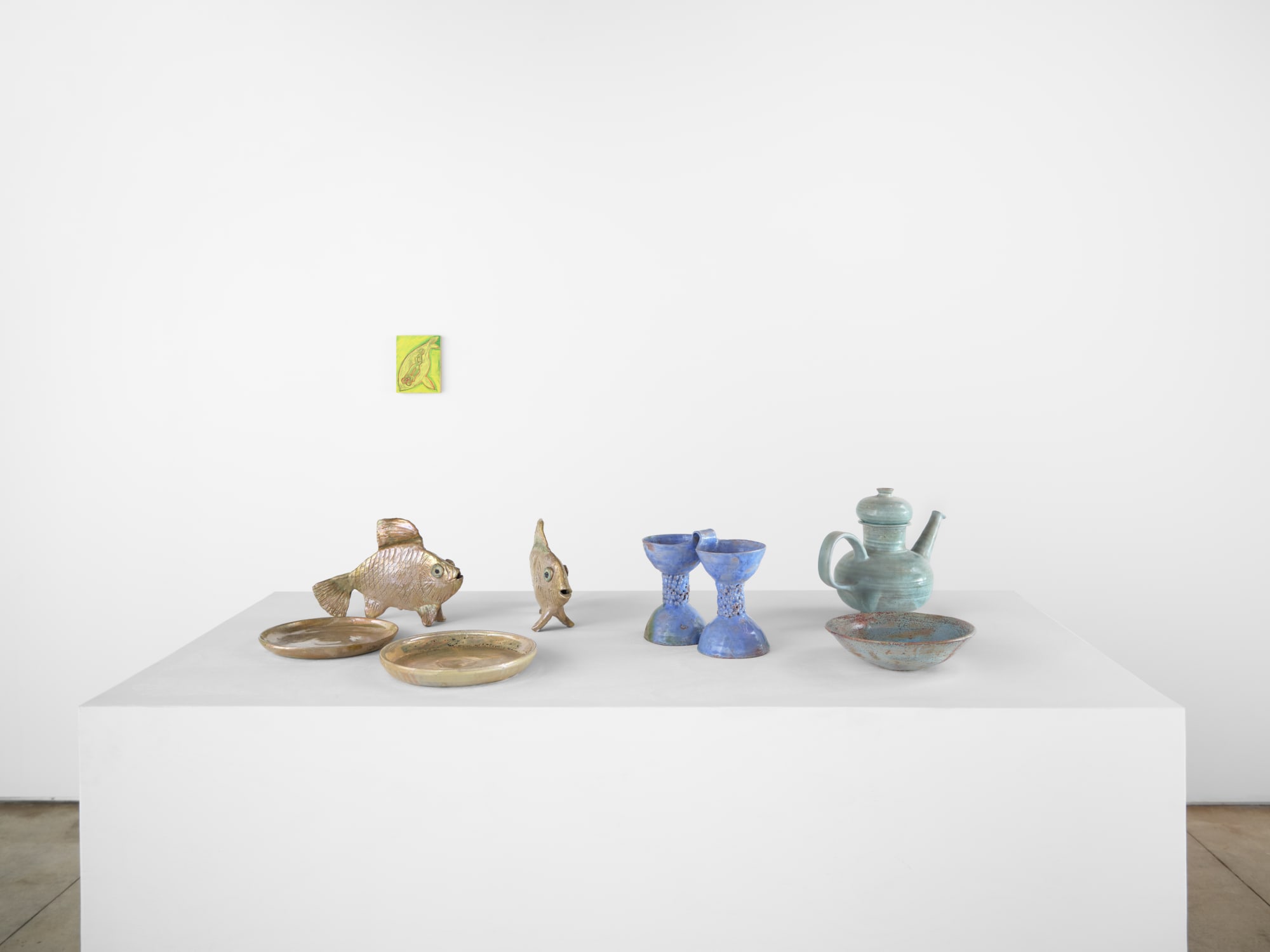 Installation view: Cecilia Granara, Whale Love III (2024), Beatrice Wood, Pair of Fish (c. 1943-1947), Beatrice Wood, Lustre charger (c. 1963), Beatrice Wood, Lustre platter (c.1990), Beatrice Wood, Double Chalice (c.1995), Beatrice Wood, Teapot (date unknown) in "Fire and Life", 6 September - 25 October 2025, Charlotte Call Gallery, Los Angeles.