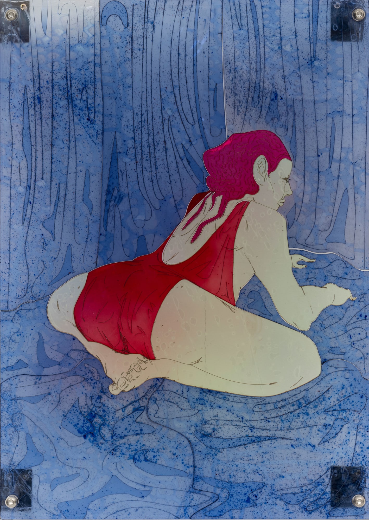 Ebba Grahn, Thumb War, 2023, dyed acrylic glass, metal hanging, 43 x 30 x 10 cm