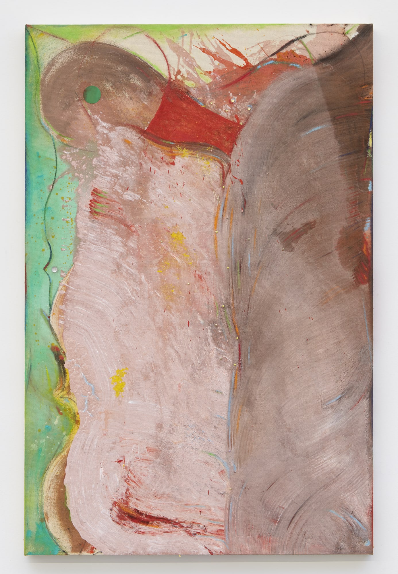 Carl E. Hazlewood, BlackHead:Flesh/Friction, 2022, acrylic polymer emulsion, powdered pigments, oil pastel, brads, tape, gold cord with collage on canvas, faux diamonds, 52 x 34 inches, 132.1 x 86. 4 cm